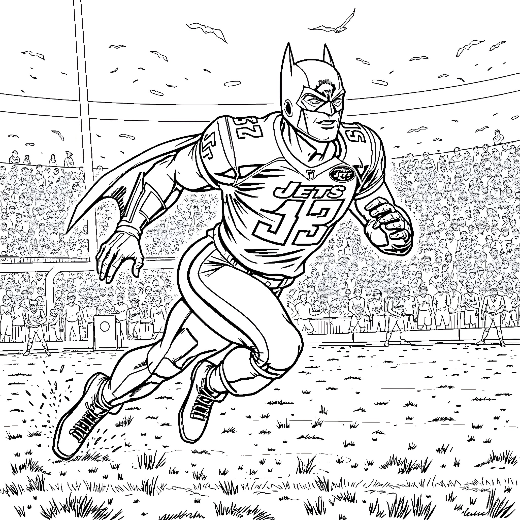 Batman running through the football field Coloring Page (free black-and-white line drawing printable PDF for all, from beginners to advanced learners, including children, teens, adults, and seniors)
