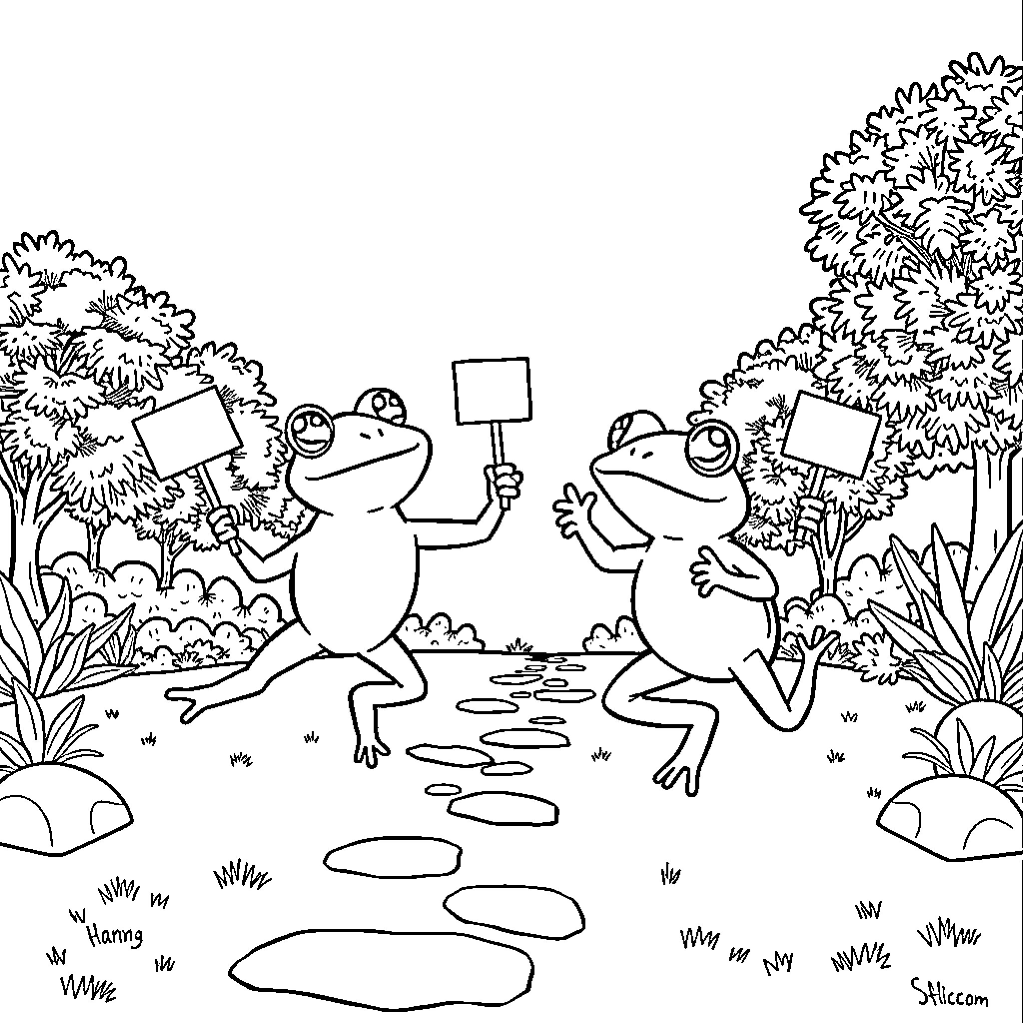 Frogs protesting with signs in a forest Coloring Page (free black-and-white line drawing printable PDF for all, from beginners to advanced learners, including children, teens, adults, and seniors)