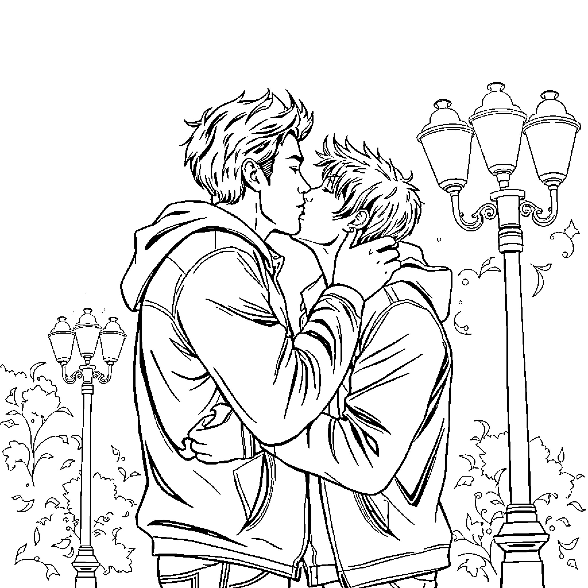 Guy embracing close friend in urban setting Coloring Page (free black-and-white line drawing printable PDF for all, from beginners to advanced learners, including children, teens, adults, and seniors)