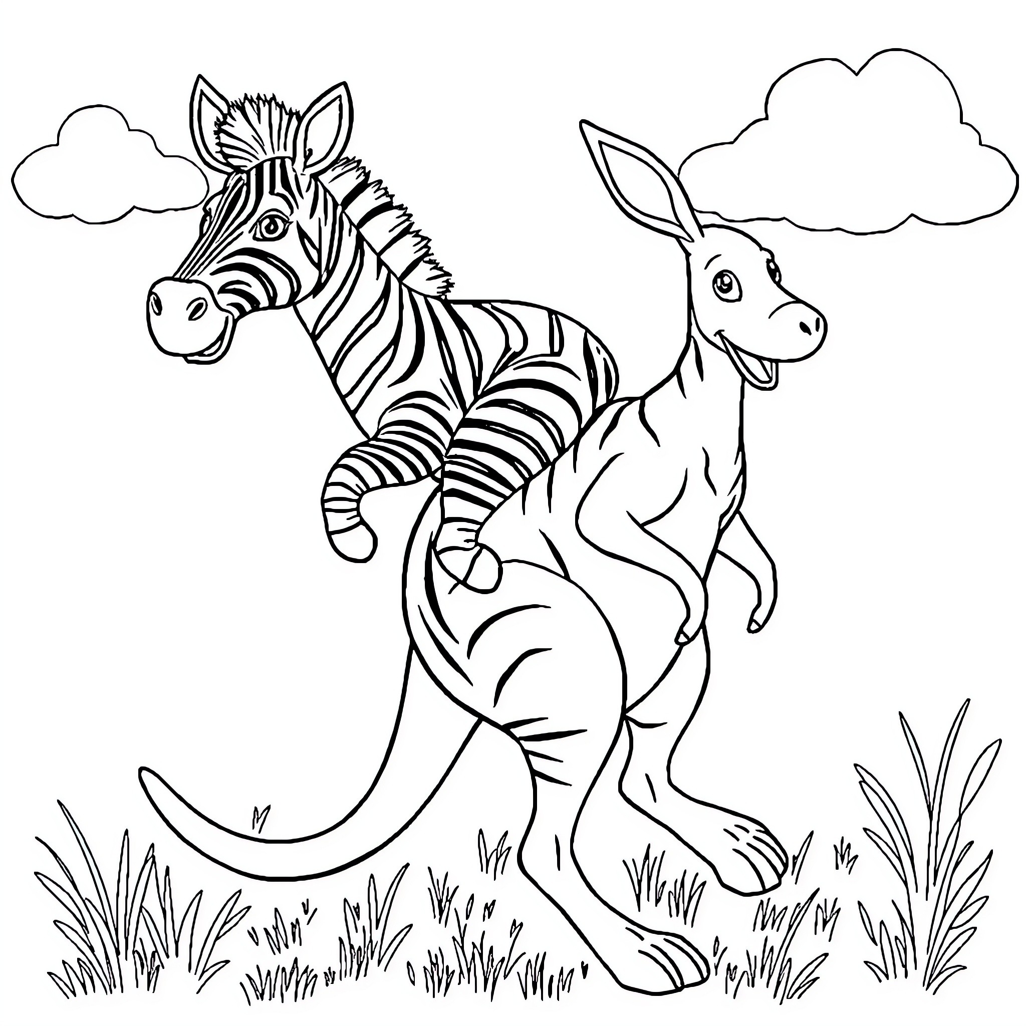 Zebra and Kangaroo Roaming in Grasslands Coloring Page (free black-and-white line drawing printable PDF for all, from beginners to advanced learners, including children, teens, adults, and seniors)