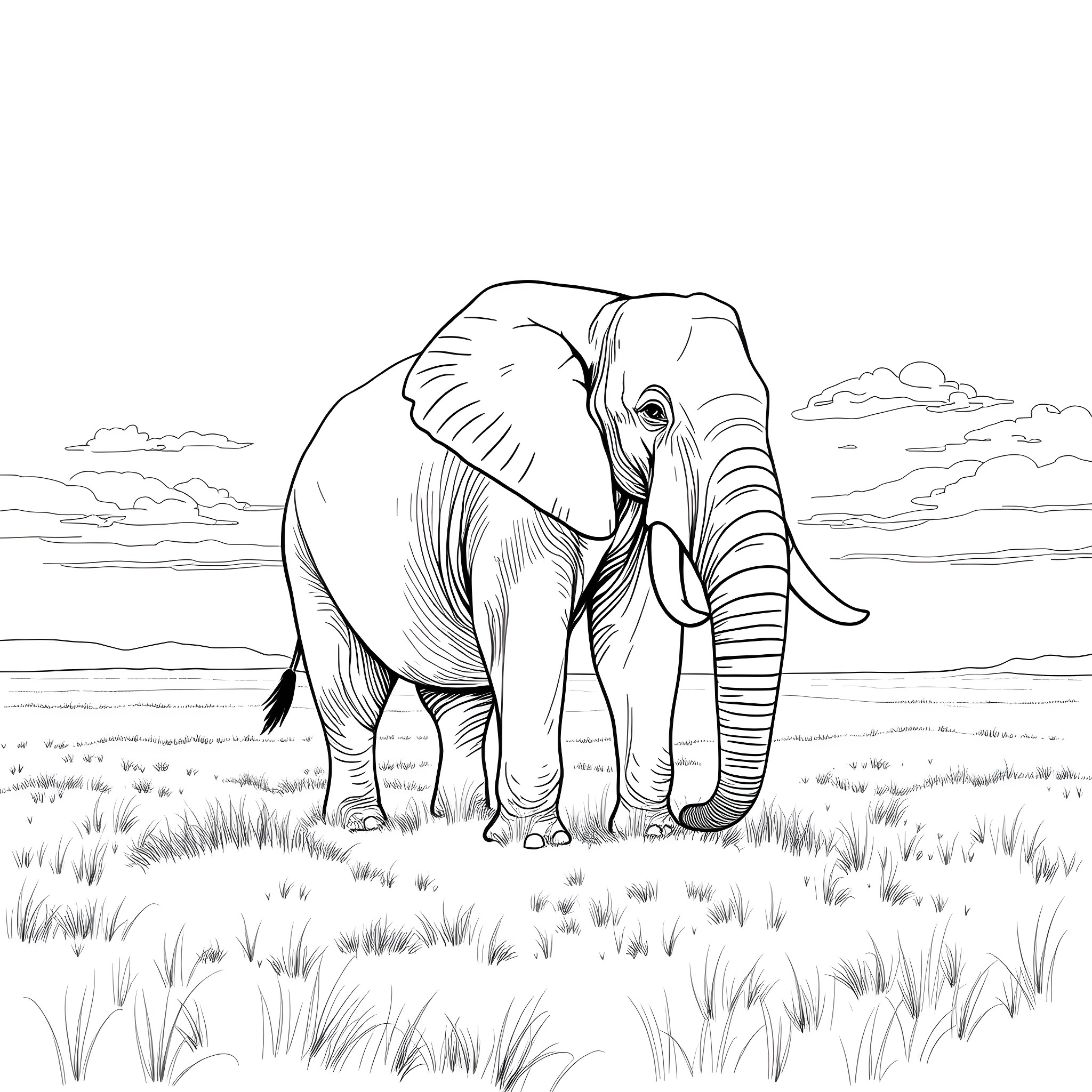 Elephant standing in a grassy field Coloring Page (free black-and-white line drawing printable PDF for all, from beginners to advanced learners, including children, teens, adults, and seniors)