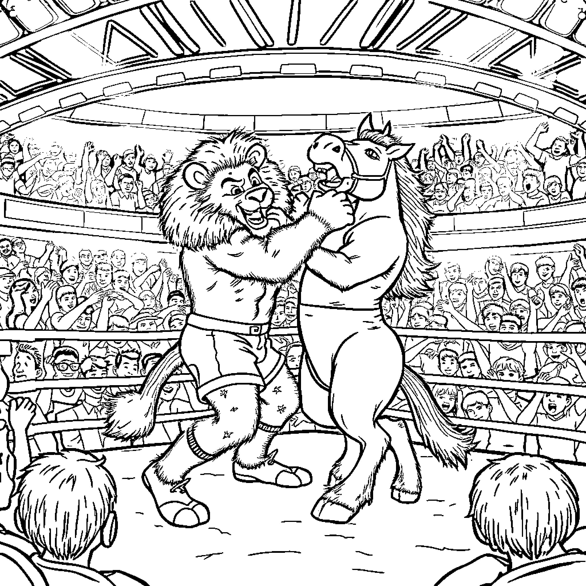 Lion wrestling in a packed arena Coloring Page (free black-and-white line drawing printable PDF for all, from beginners to advanced learners, including children, teens, adults, and seniors)