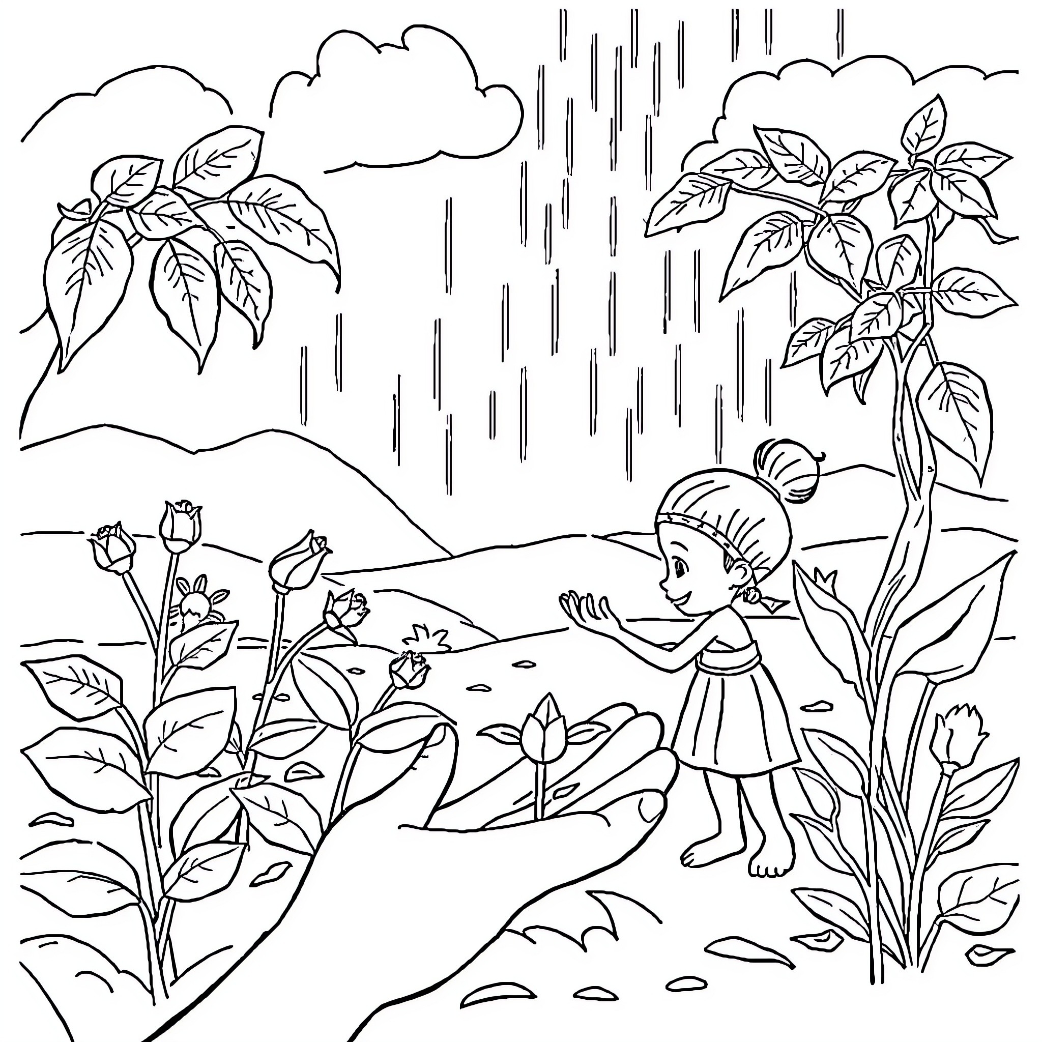 Seed of joy in the rainy garden Coloring Page (free black-and-white line drawing printable PDF for all, from beginners to advanced learners, including children, teens, adults, and seniors)