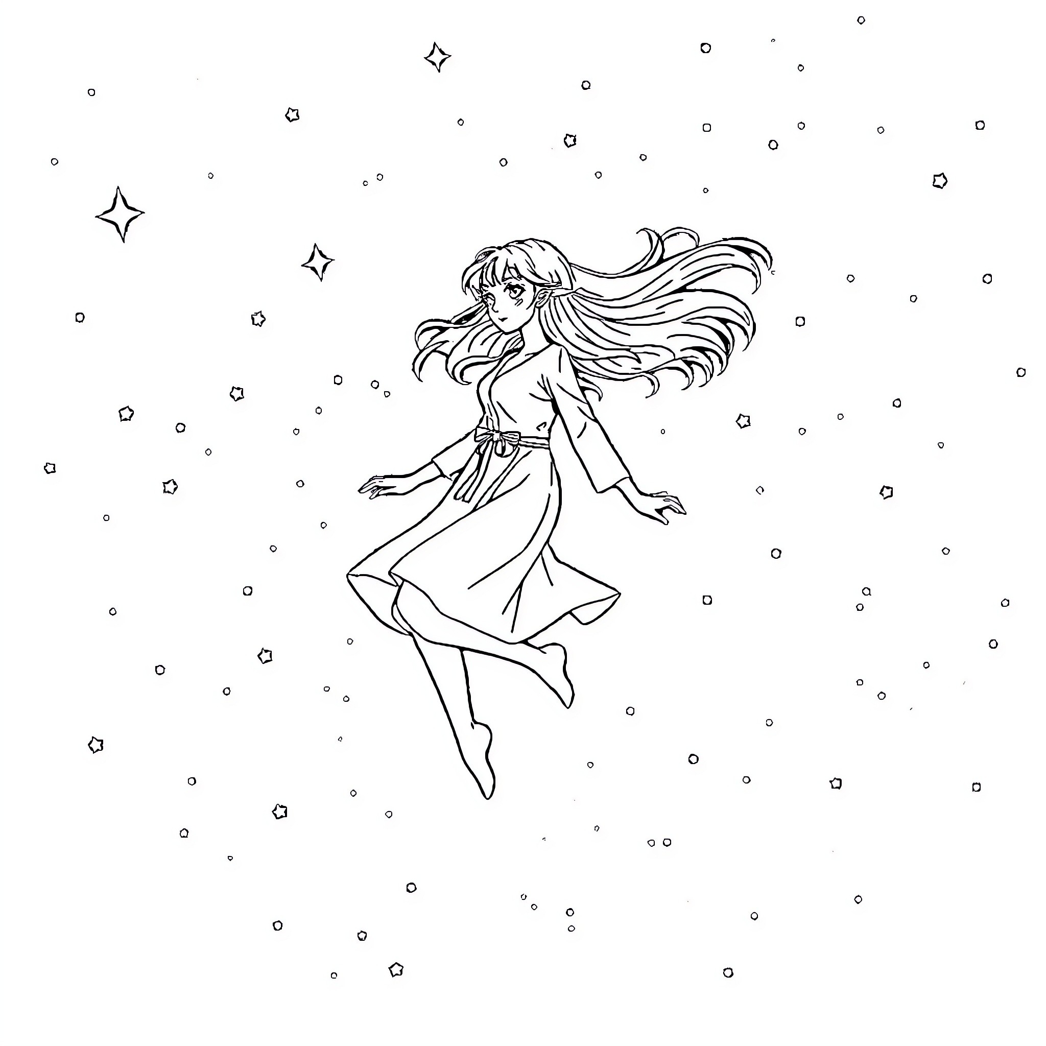 Girl dancing gracefully under the starry night sky Coloring Page (free black-and-white line drawing printable PDF for all, from beginners to advanced learners, including children, teens, adults, and seniors)