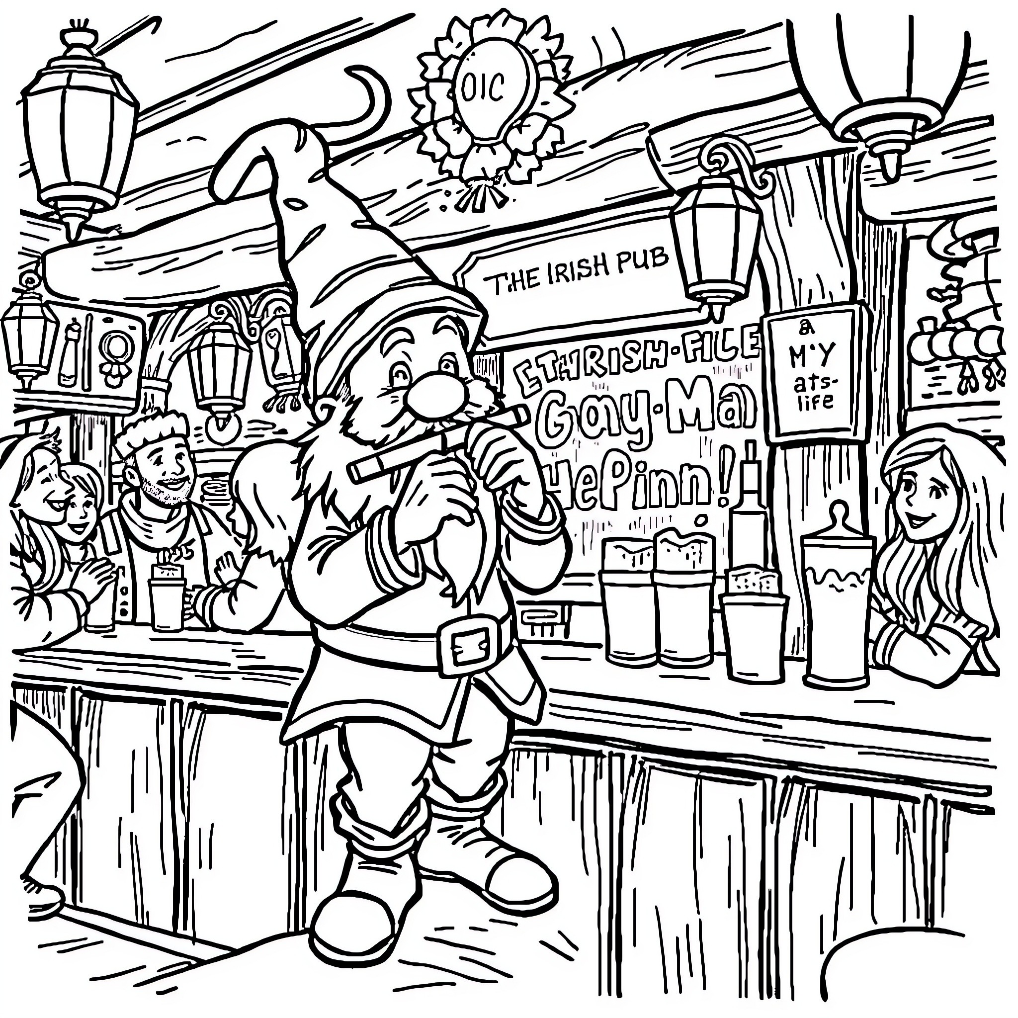 Dwarf Bartender Serving Drinks in Lively Irish Pub Coloring Page (free black-and-white line drawing printable PDF for all, from beginners to advanced learners, including children, teens, adults, and seniors)