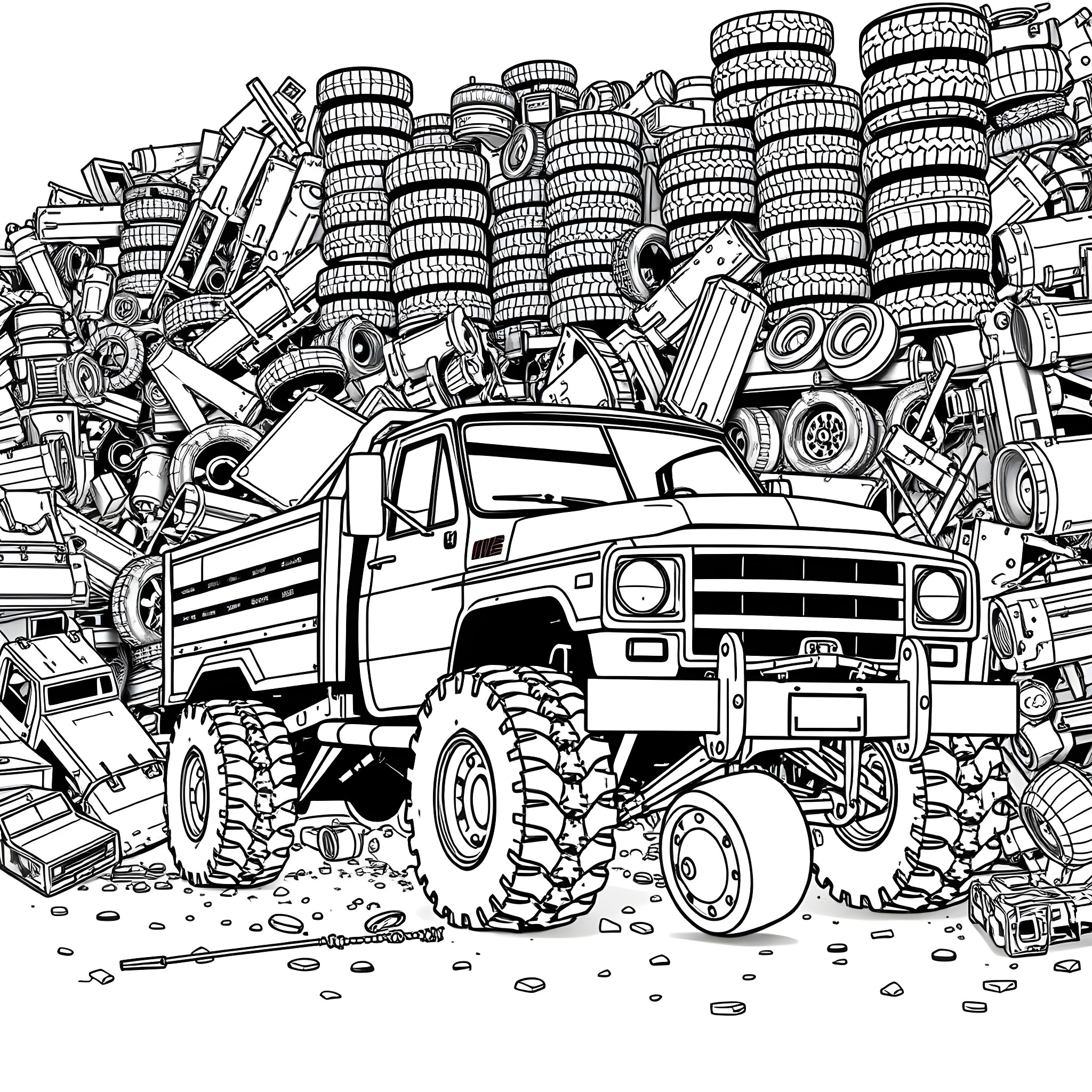 Pick Up Through Piles of Tires and Parts Coloring Page (free black-and-white line drawing printable PDF for all, from beginners to advanced learners, including children, teens, adults, and seniors)