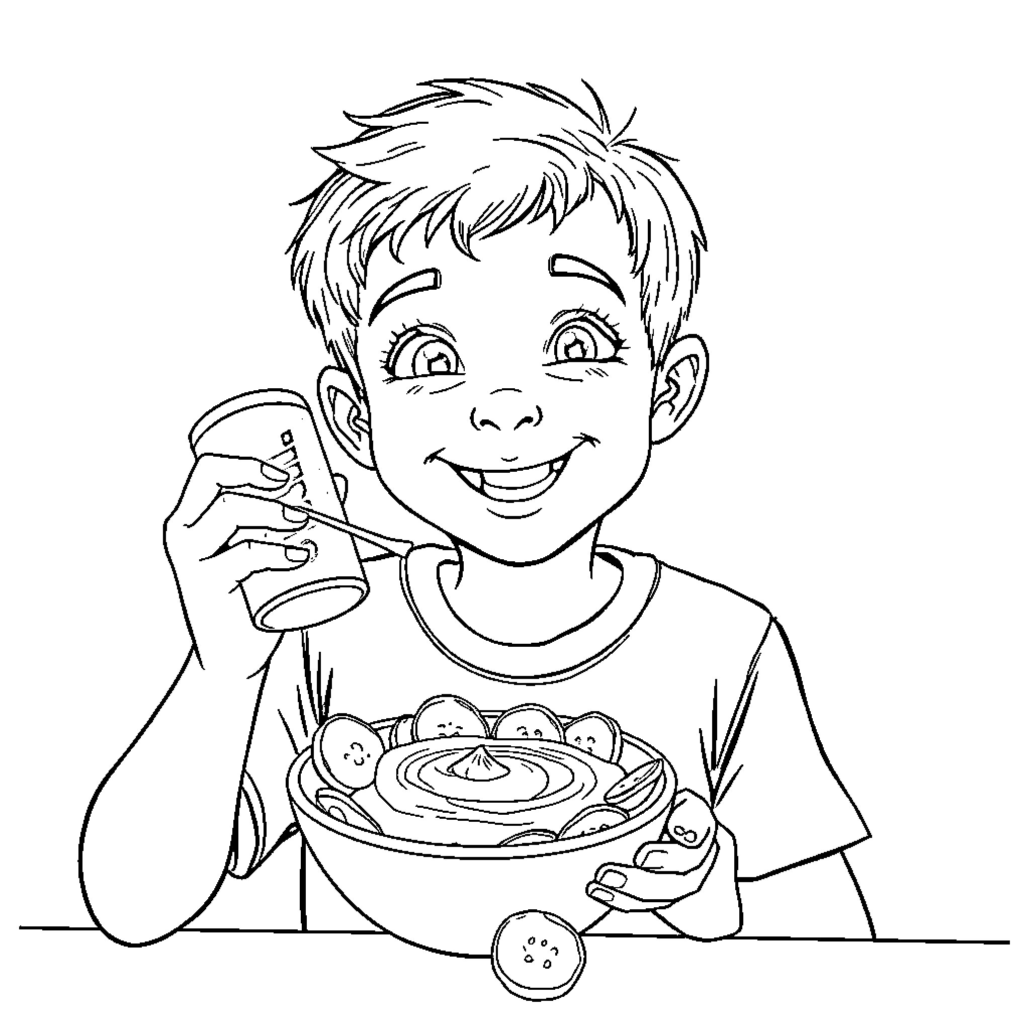 Boy Enjoys a Hearty Meal Coloring Page (free black-and-white line drawing printable PDF for all, from beginners to advanced learners, including children, teens, adults, and seniors)