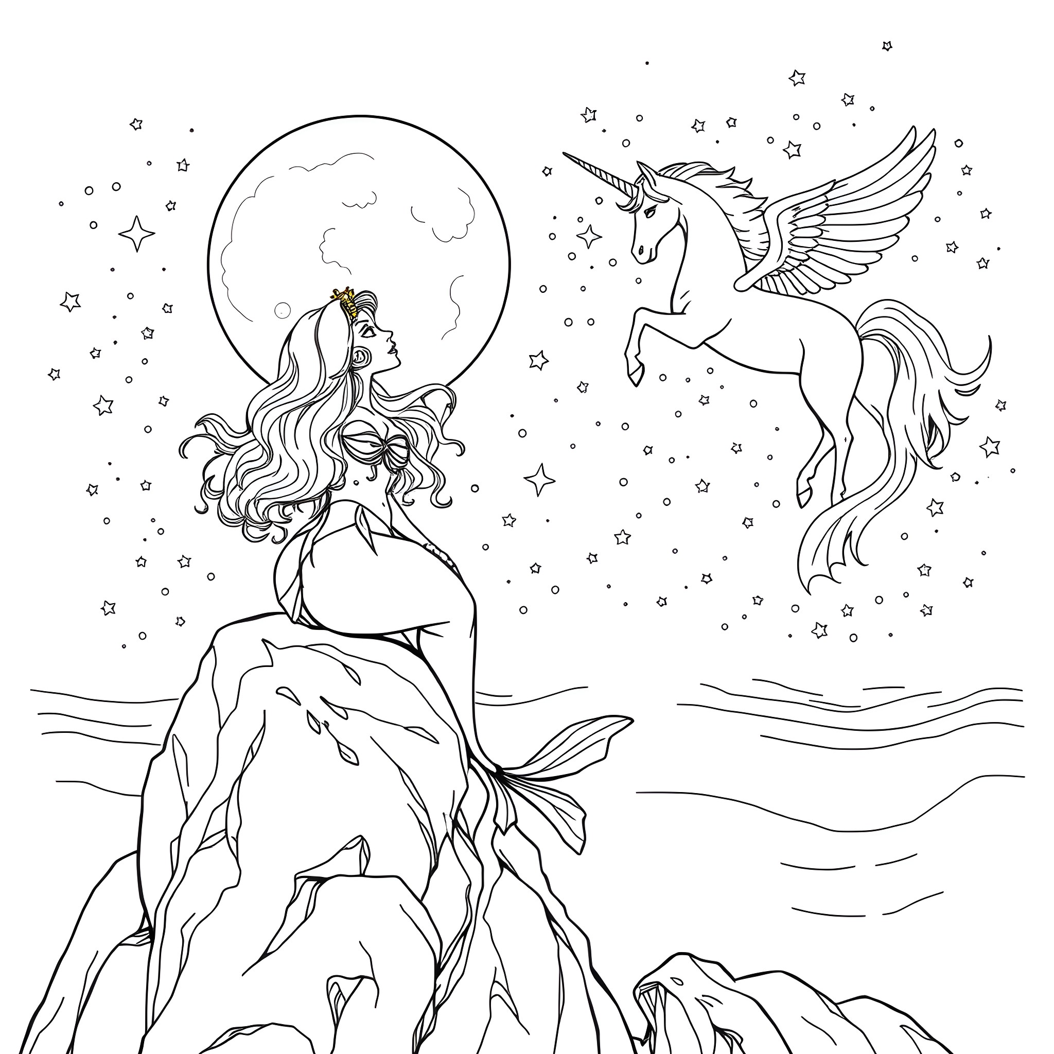 Mermaid gazing at a majestic winged unicorn under the starry night sky Coloring Page (free black-and-white line drawing printable PDF for all, from beginners to advanced learners, including children, teens, adults, and seniors)