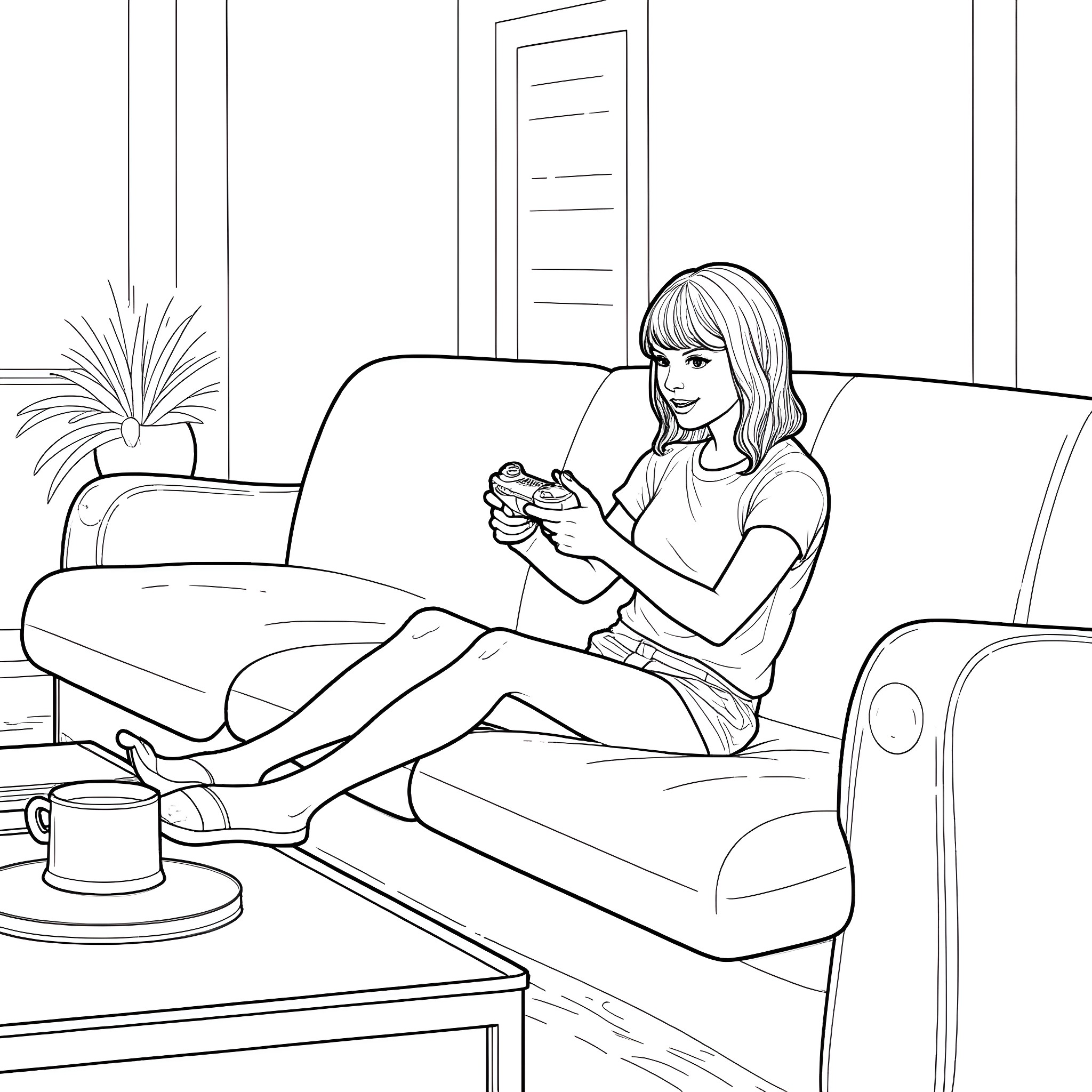 Taylor Swift enjoying a relaxing moment at home Coloring Page (free black-and-white line drawing printable PDF for all, from beginners to advanced learners, including children, teens, adults, and seniors)