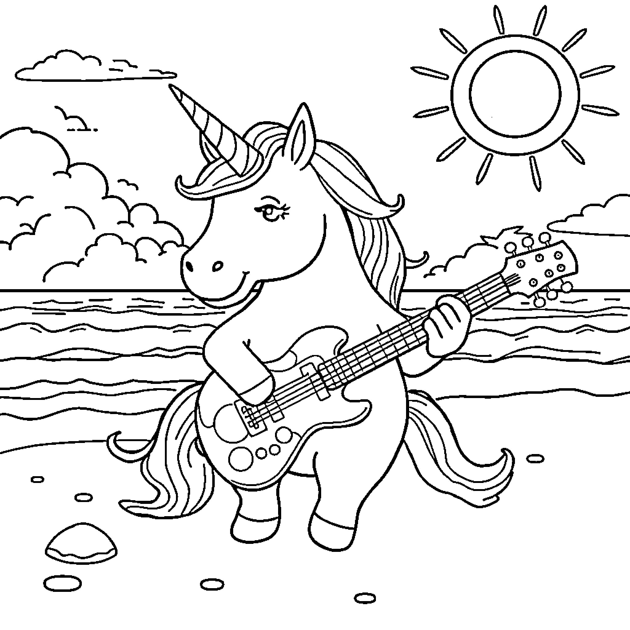 Unicorn playing electric guitar on the beach Coloring Page (free black-and-white line drawing printable PDF for all, from beginners to advanced learners, including children, teens, adults, and seniors)