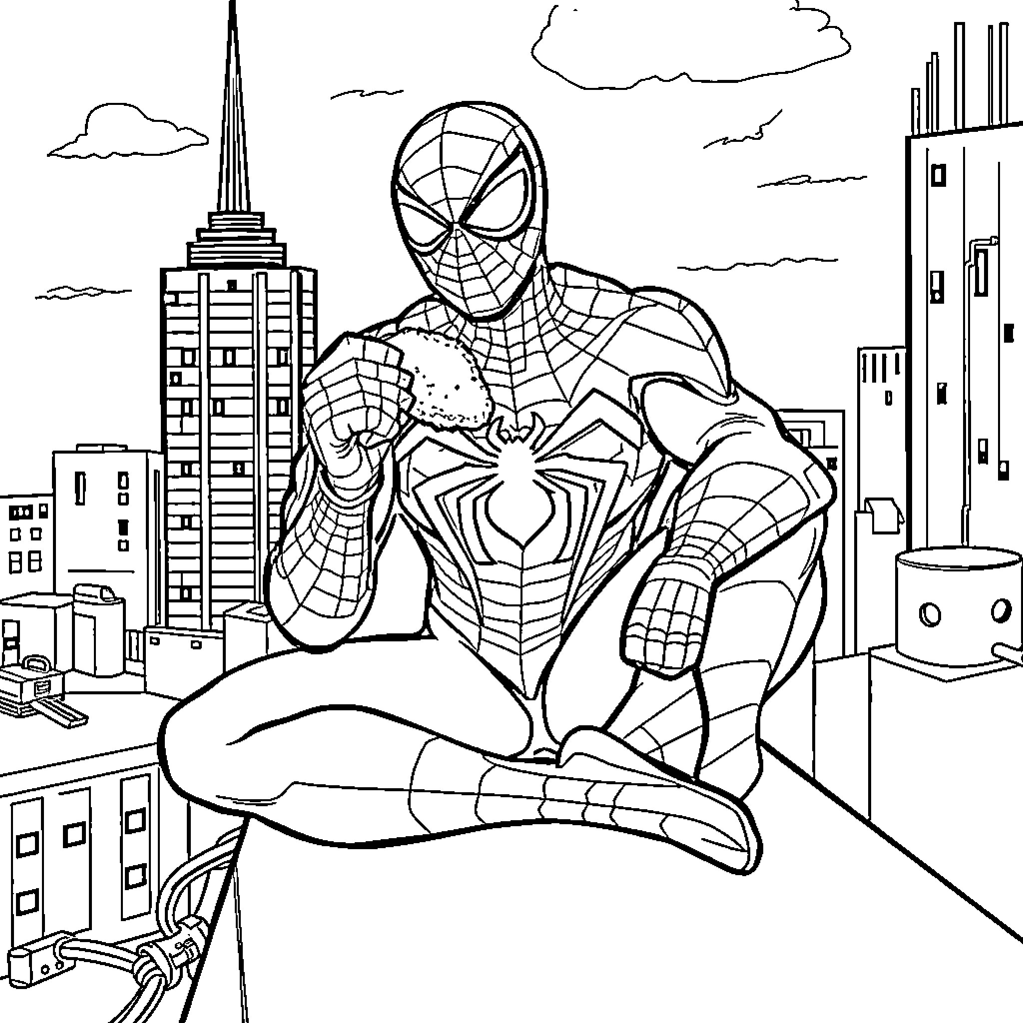 Spider-Man swinging through the city skyline Coloring Page (free black-and-white line drawing printable PDF for all, from beginners to advanced learners, including children, teens, adults, and seniors)