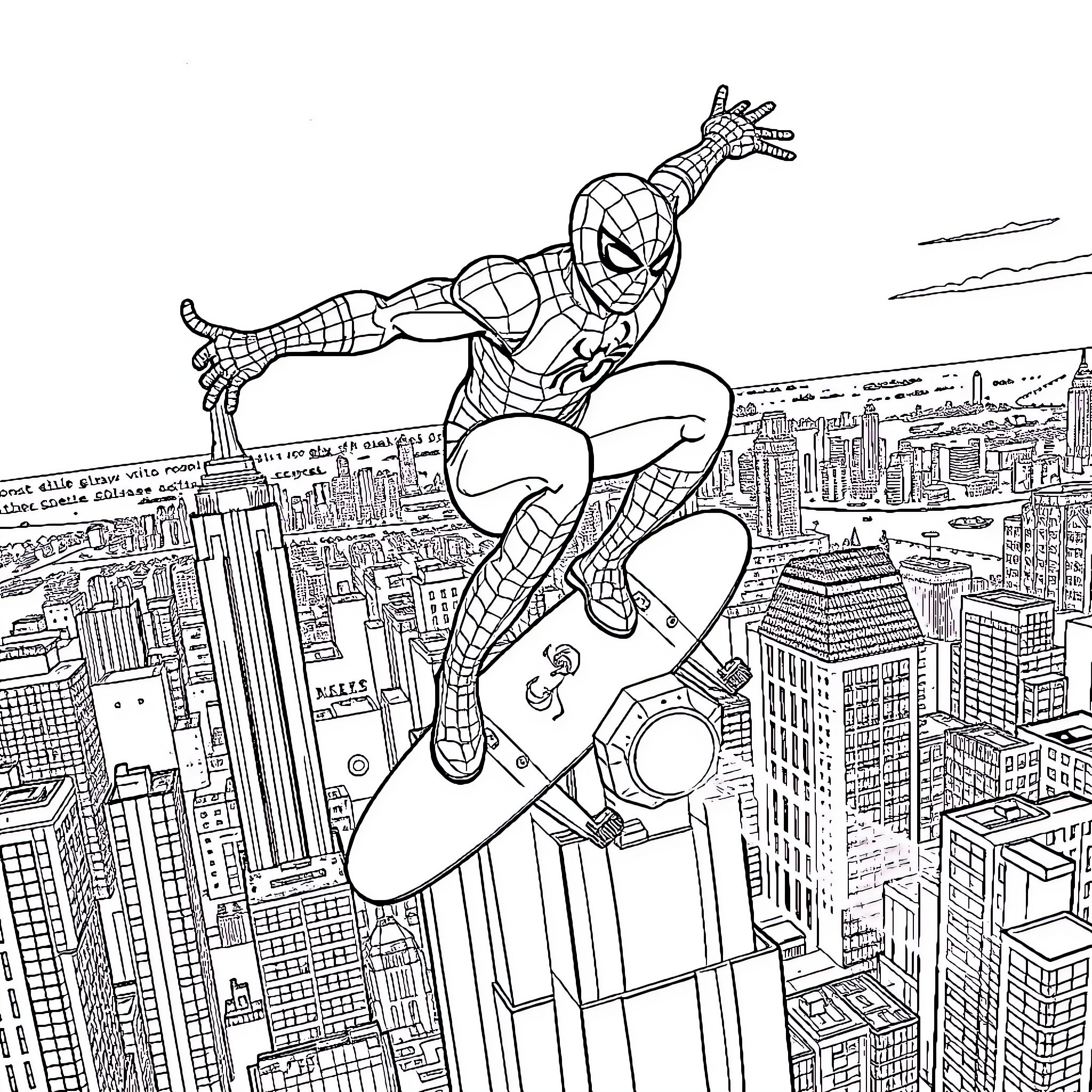 Spider-Man swinging through the city skyline Coloring Page (free black-and-white line drawing printable PDF for all, from beginners to advanced learners, including children, teens, adults, and seniors)