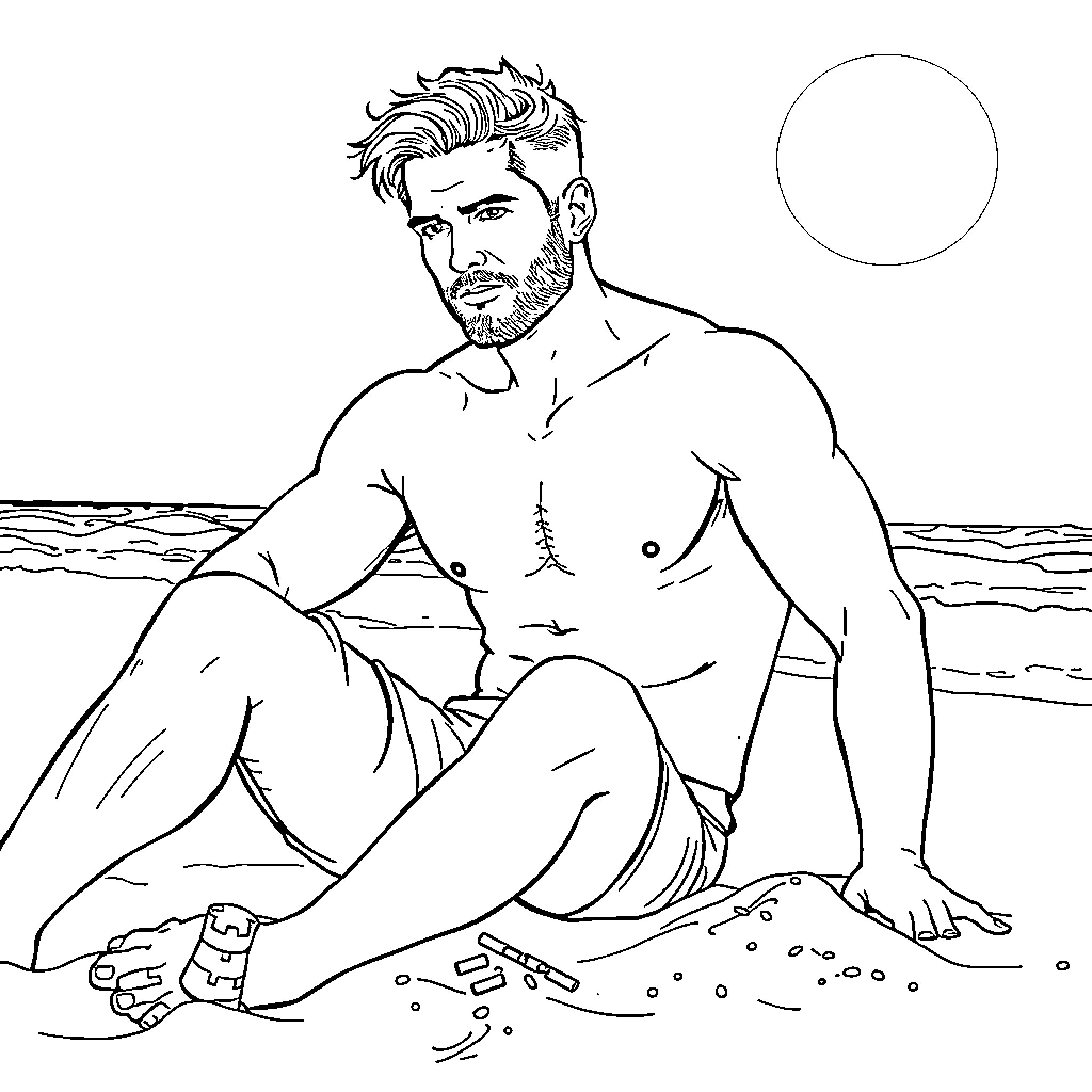 Henry Cavill relaxing on the beach Coloring Page (free black-and-white line drawing printable PDF for all, from beginners to advanced learners, including children, teens, adults, and seniors)