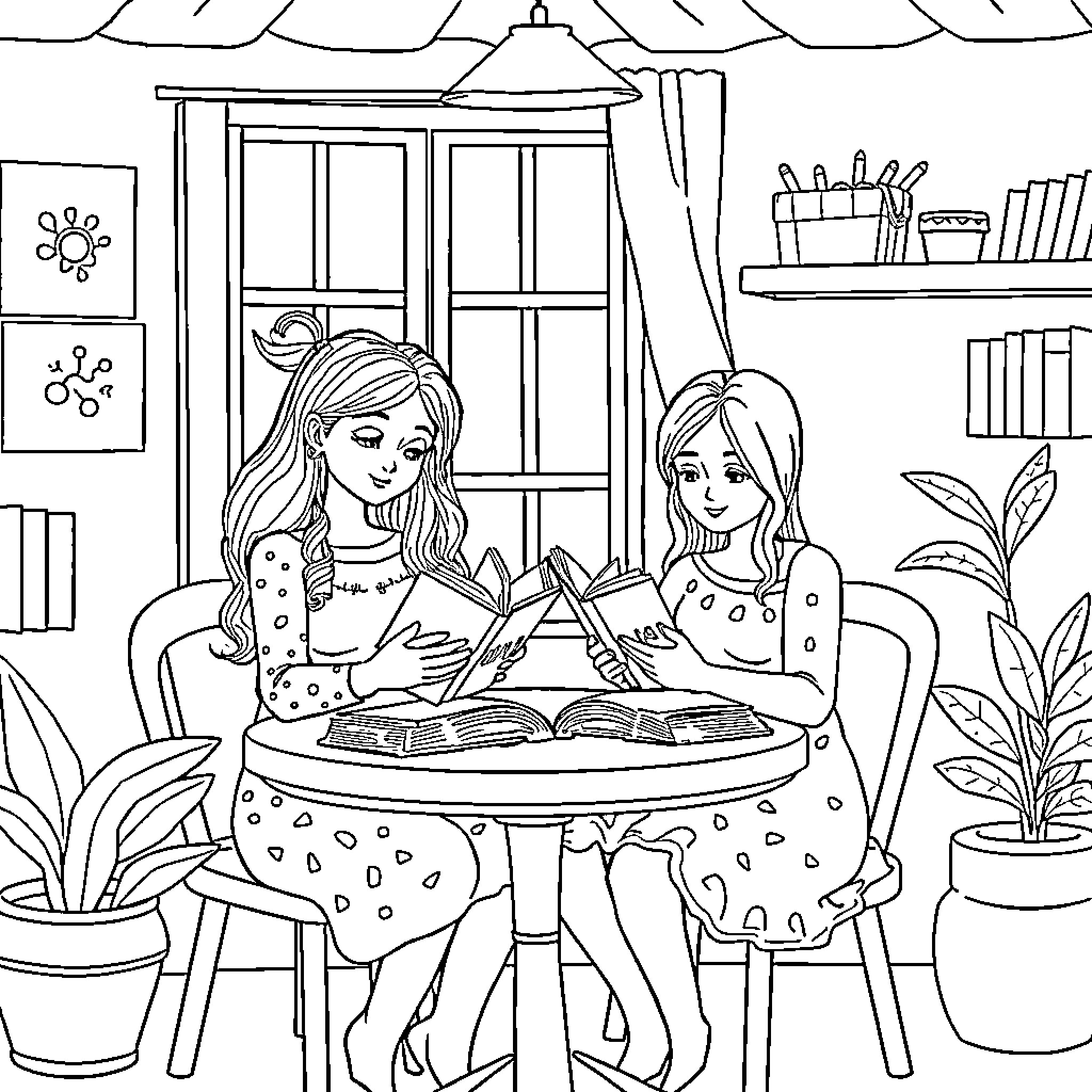 Owl Reading Books with Friends Coloring Page (free black-and-white line drawing printable PDF for all, from beginners to advanced learners, including children, teens, adults, and seniors)