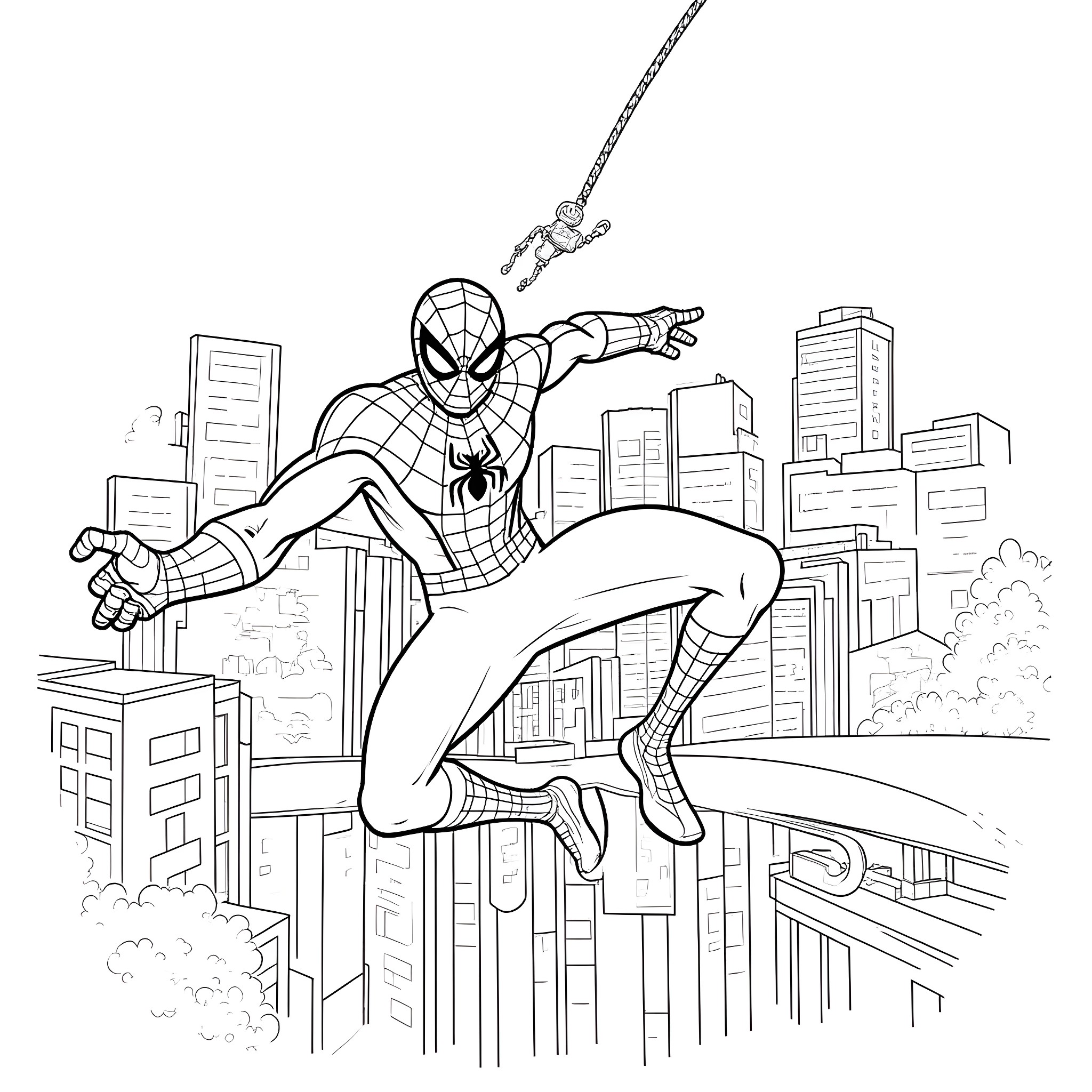 Spiderman swinging through the city skyline Coloring Page (free black-and-white line drawing printable PDF for all, from beginners to advanced learners, including children, teens, adults, and seniors)
