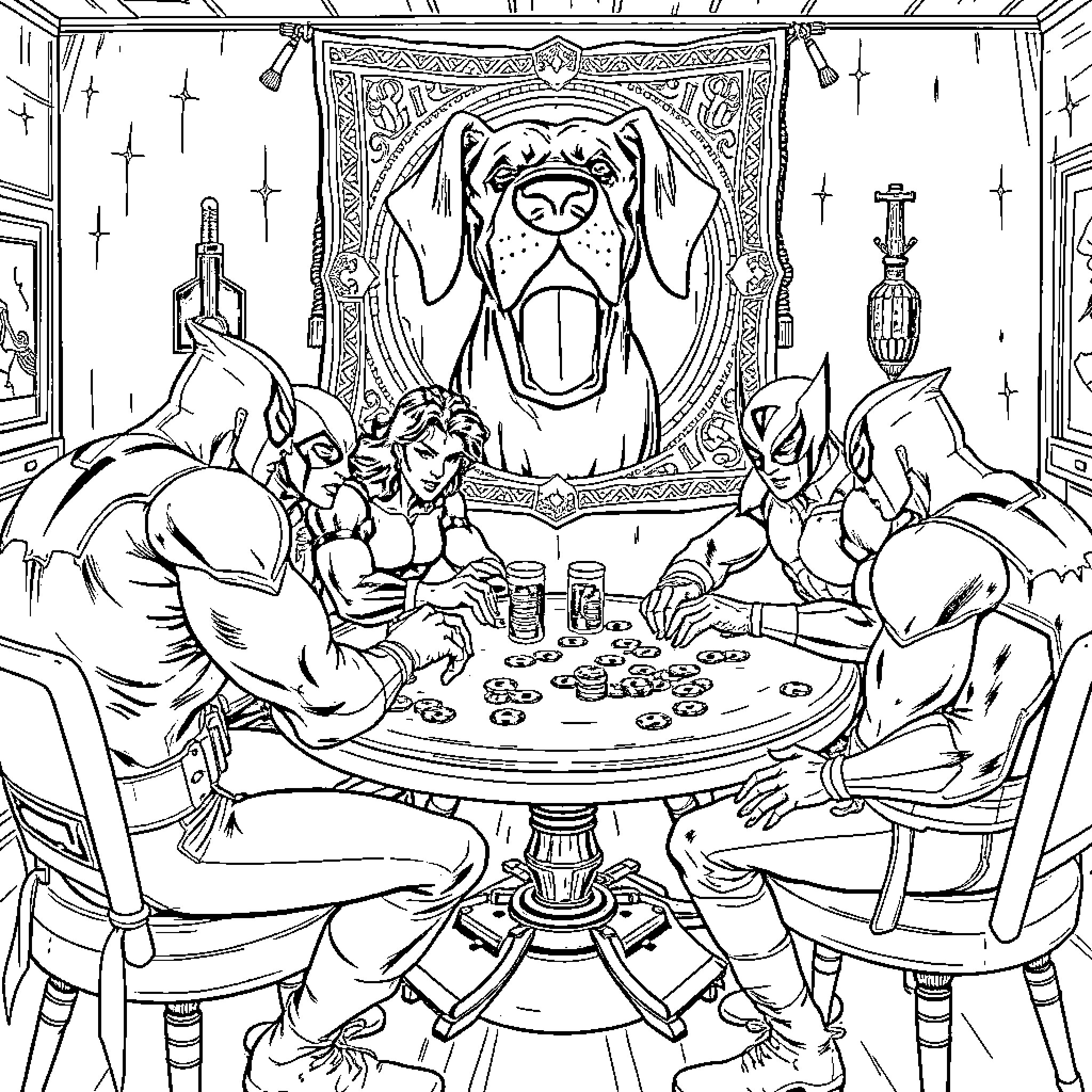 X-Men Gather for a Strategic Meeting Coloring Page (free black-and-white line drawing printable PDF for all, from beginners to advanced learners, including children, teens, adults, and seniors)