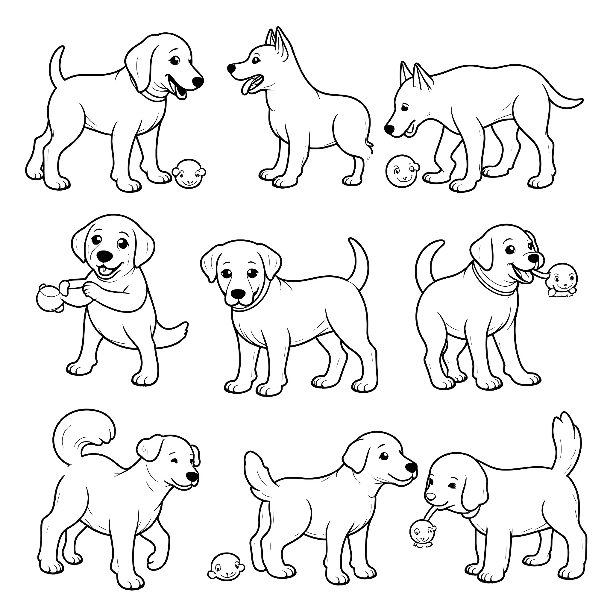Dogs playing with balls in various poses Coloring Page (free black-and-white line drawing printable PDF for all, from beginners to advanced learners, including children, teens, adults, and seniors)