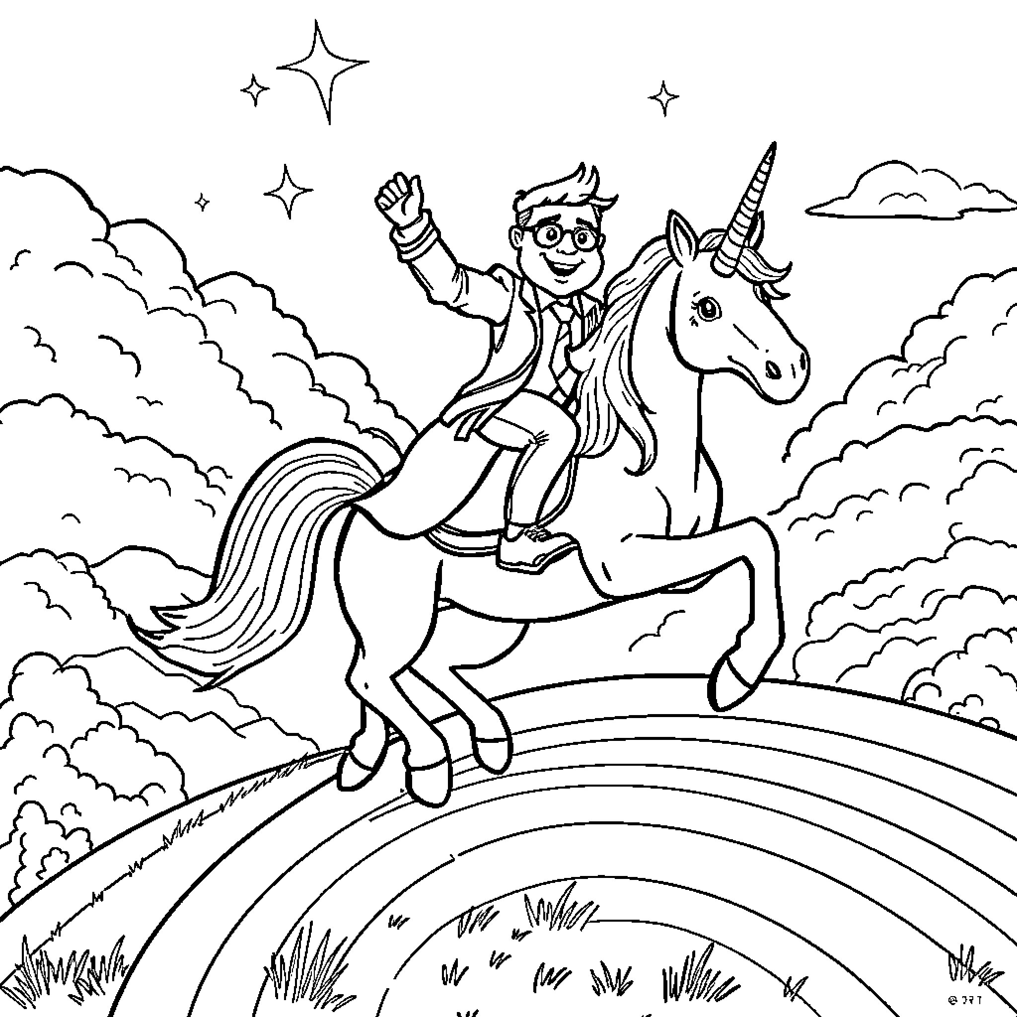 Mr T Riding Unicorn Through Magical Landscape Coloring Page (free black-and-white line drawing printable PDF for all, from beginners to advanced learners, including children, teens, adults, and seniors)