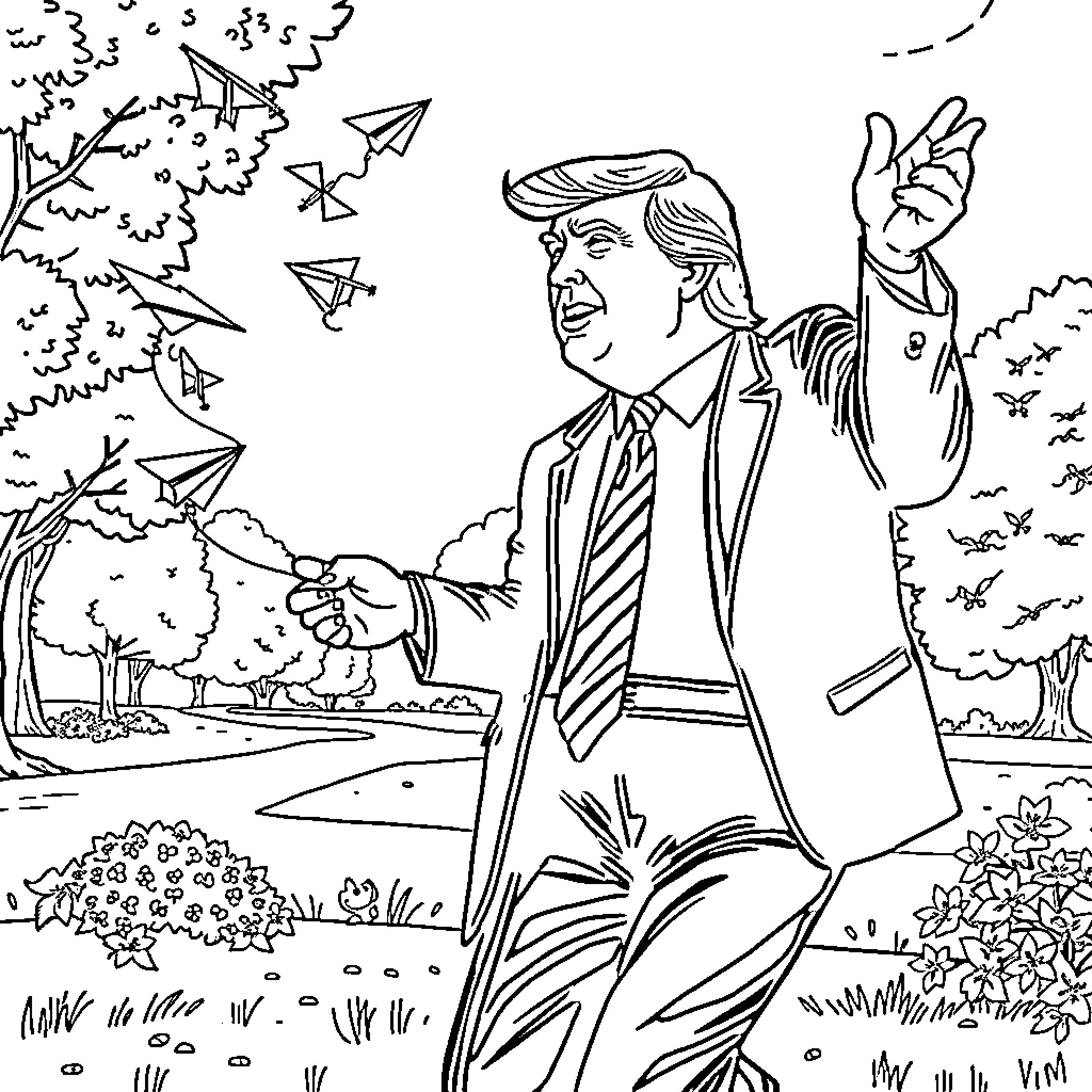 Donald Trump making a celebratory gesture outdoors Coloring Page (free black-and-white line drawing printable PDF for all, from beginners to advanced learners, including children, teens, adults, and seniors)