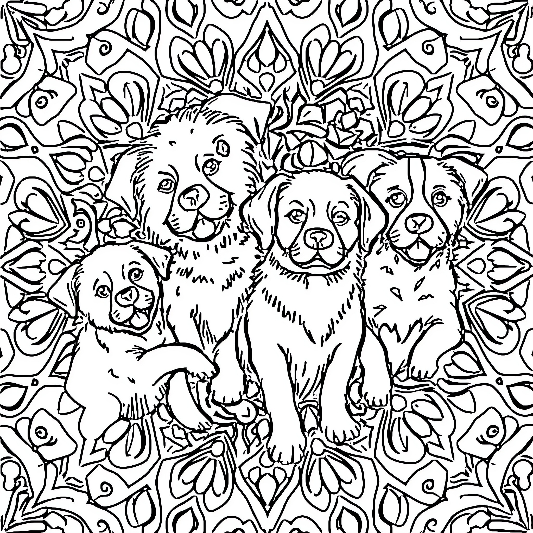 Dog Mandala with Playful Pups Coloring Page (free black-and-white line drawing printable PDF for all, from beginners to advanced learners, including children, teens, adults, and seniors)