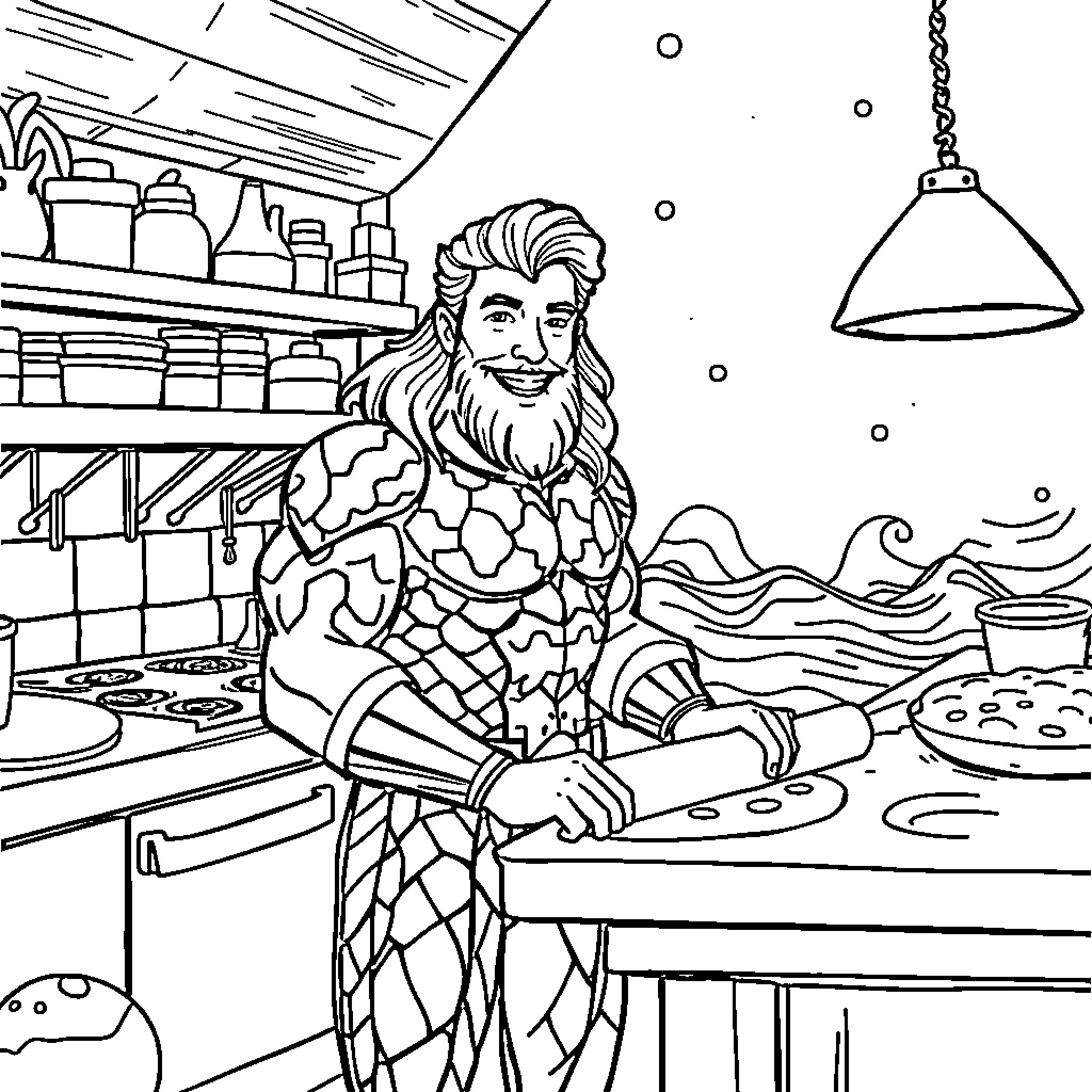 Aquaman preparing a seafood feast in his underwater kitchen Coloring Page (free black-and-white line drawing printable PDF for all, from beginners to advanced learners, including children, teens, adults, and seniors)