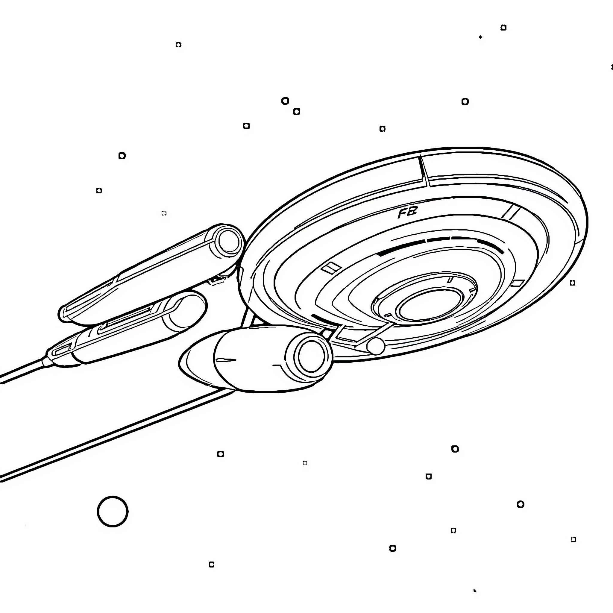 USS Enterprise soaring through the cosmos Coloring Page (free black-and-white line drawing printable PDF for all, from beginners to advanced learners, including children, teens, adults, and seniors)