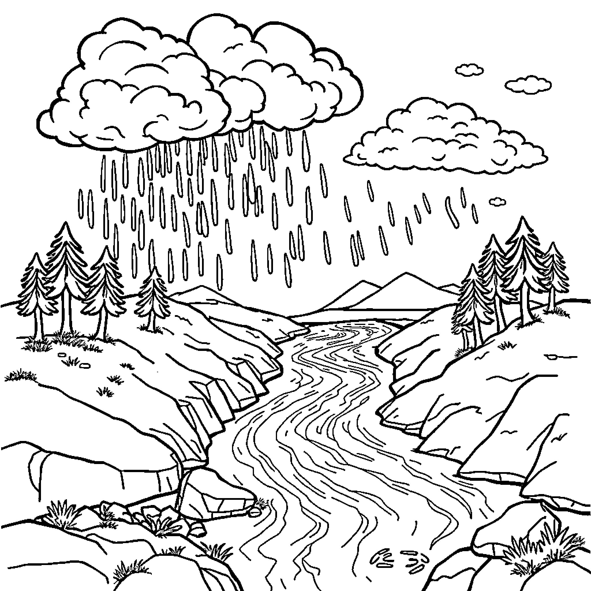 Water Cycle Landscape with Stormy Weather Coloring Page (free black-and-white line drawing printable PDF for all, from beginners to advanced learners, including children, teens, adults, and seniors)