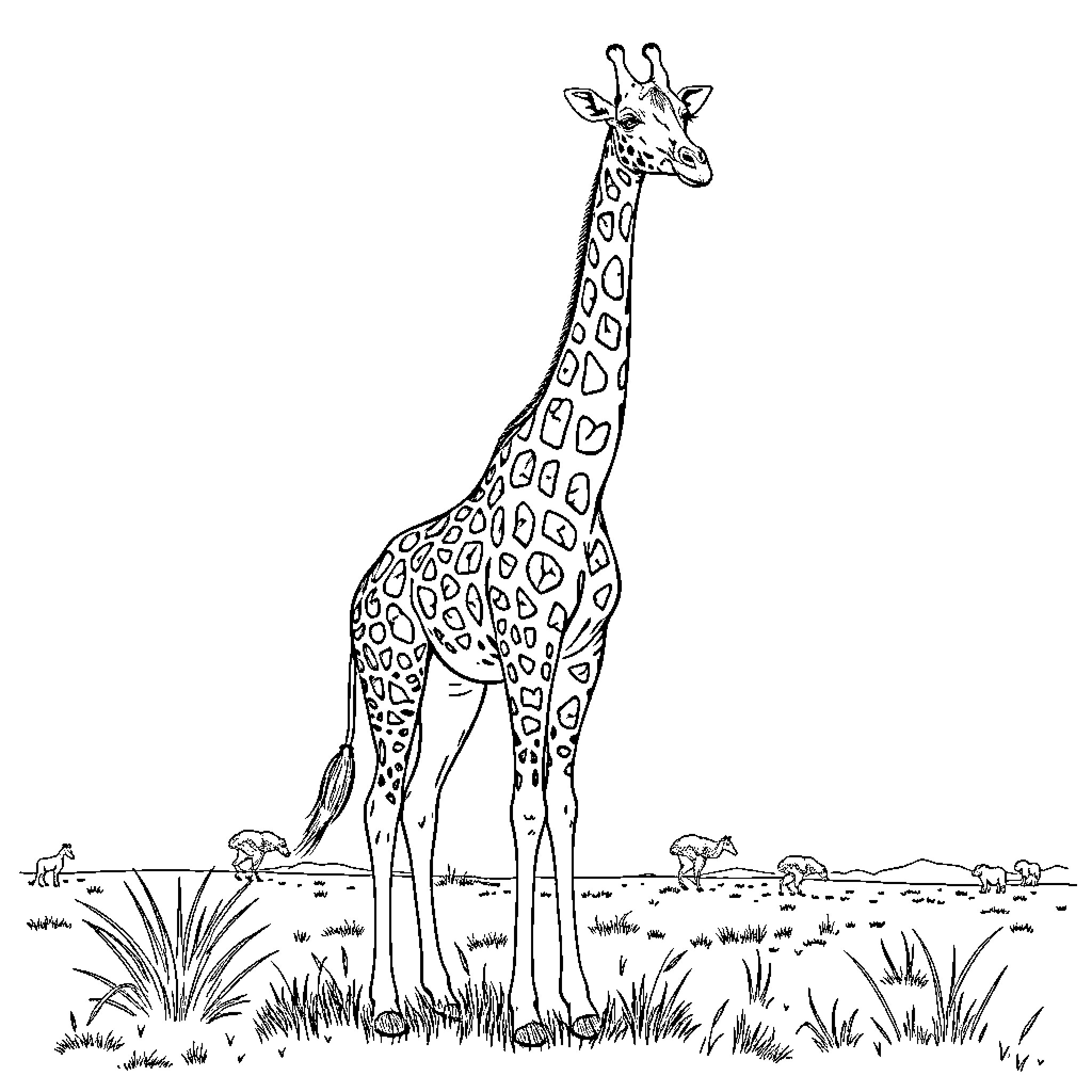 Giraffe standing tall on the savanna Coloring Page (free black-and-white line drawing printable PDF for all, from beginners to advanced learners, including children, teens, adults, and seniors)