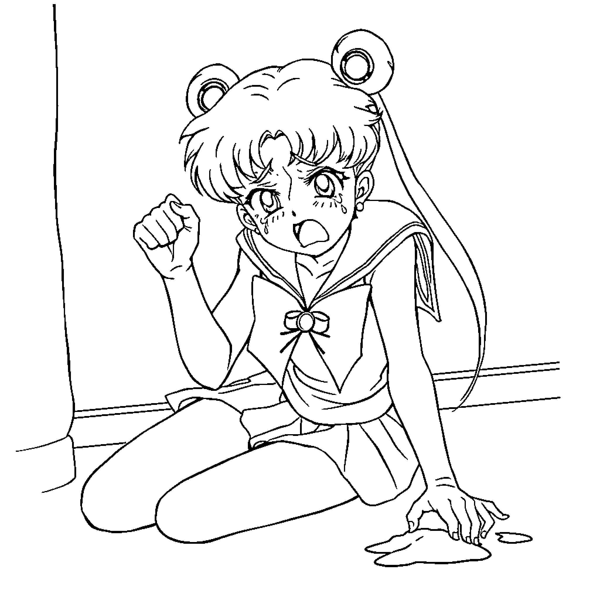 Sailor Moon sitting on the floor with an upset expression Coloring Page (free black-and-white line drawing printable PDF for all, from beginners to advanced learners, including children, teens, adults, and seniors)