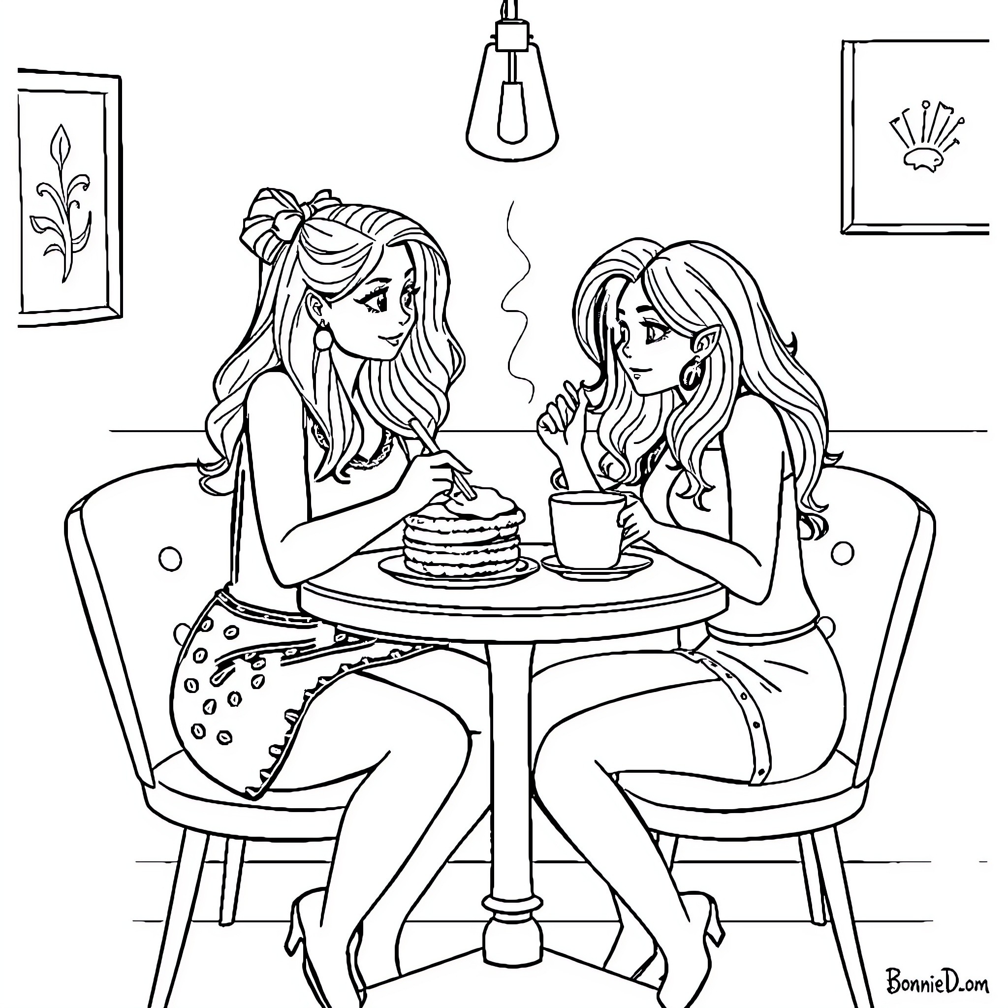 Bonnie Blue Enjoying Afternoon Tea with Friend Coloring Page (free black-and-white line drawing printable PDF for all, from beginners to advanced learners, including children, teens, adults, and seniors)