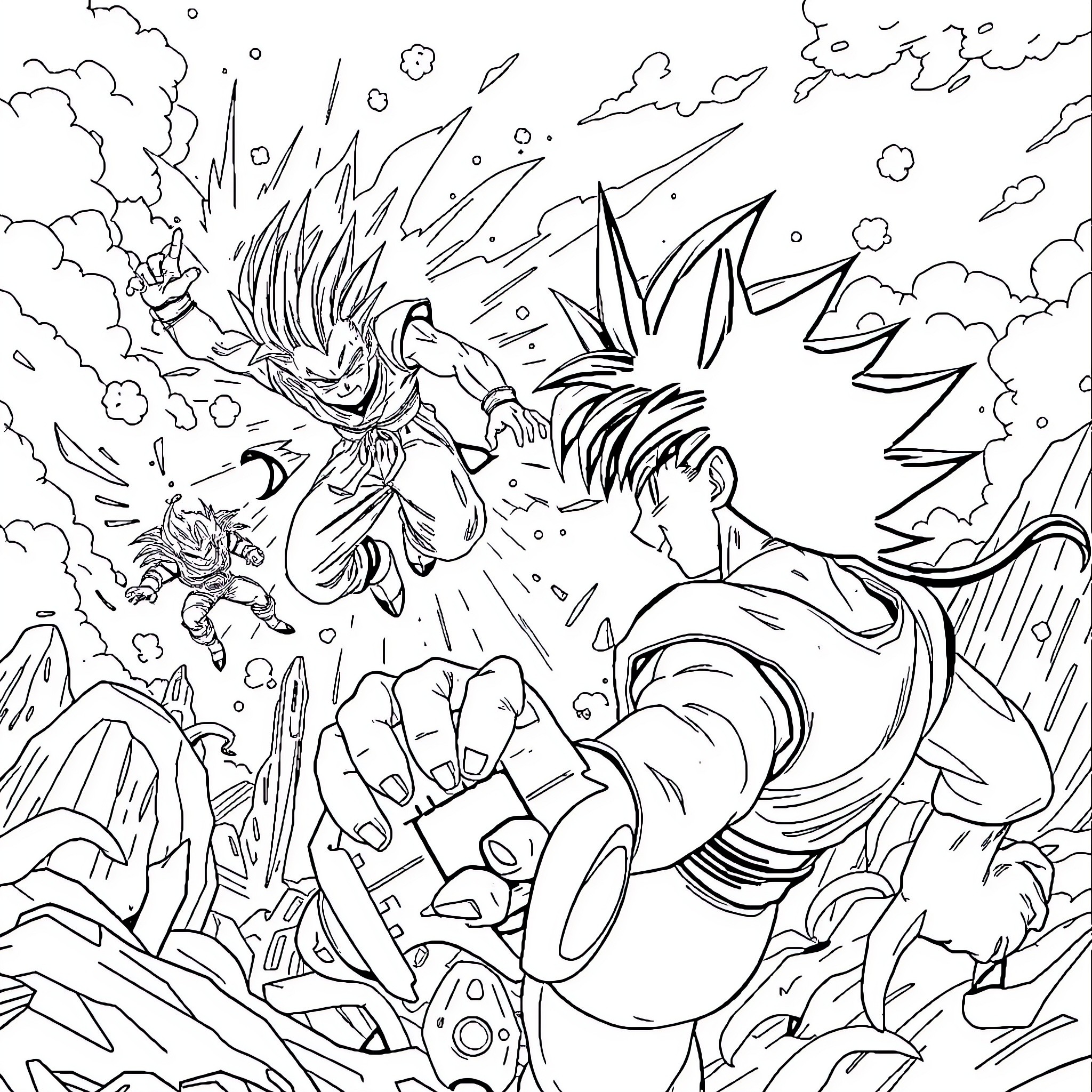 Dragon Ball Z: Intense Battle Sequence Coloring Page (free black-and-white line drawing printable PDF for all, from beginners to advanced learners, including children, teens, adults, and seniors)