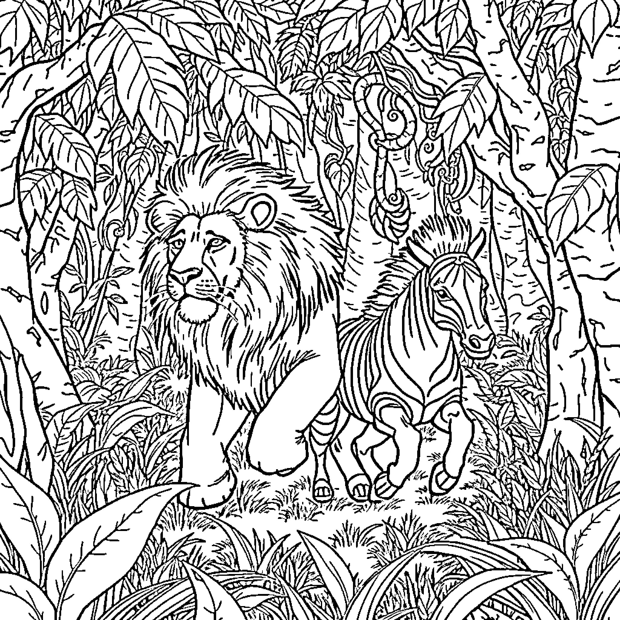 Lion in Lush Jungle Landscape Coloring Page (free black-and-white line drawing printable PDF for all, from beginners to advanced learners, including children, teens, adults, and seniors)