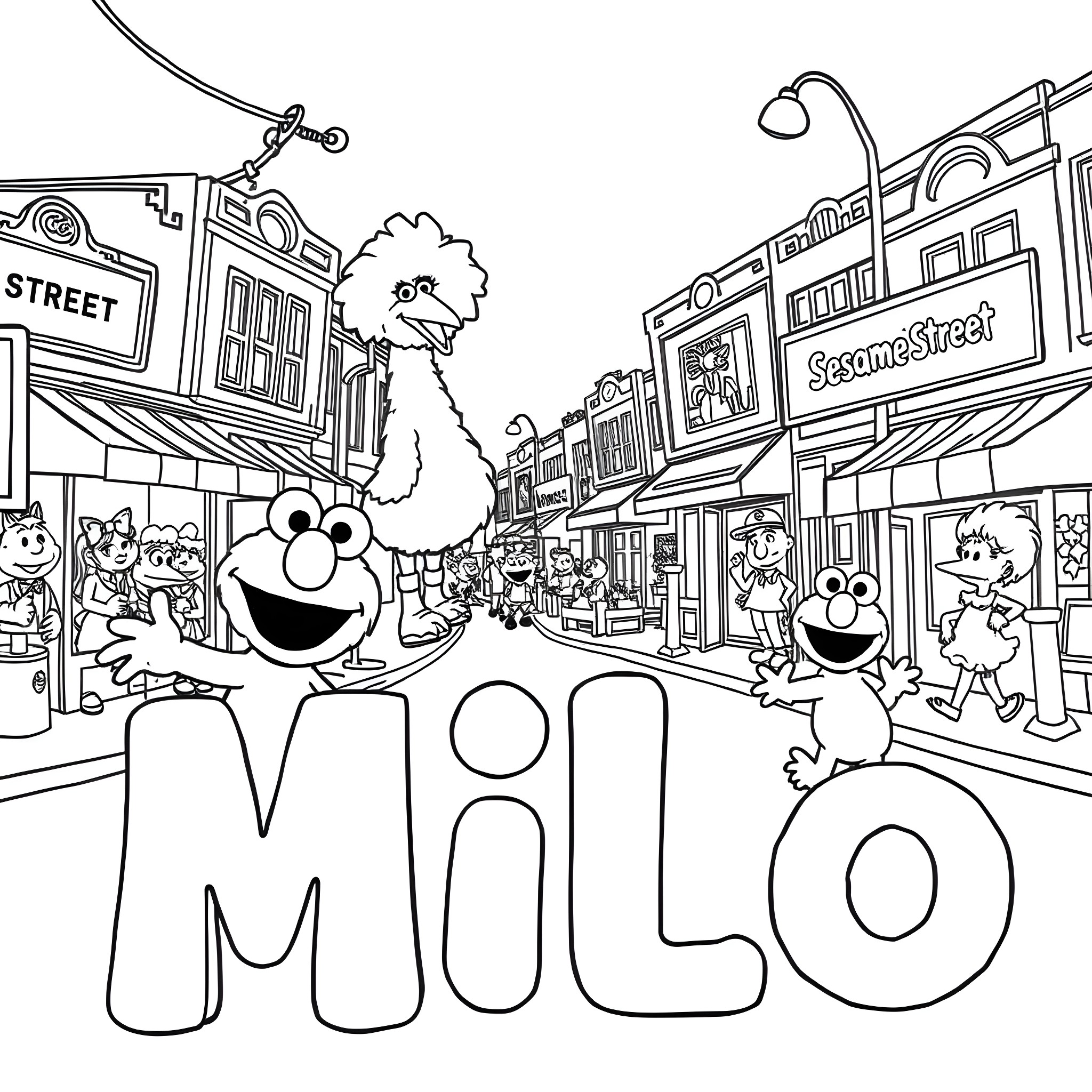 Letter Featuring Milo and Characters on Sesame Street Coloring Page (free black-and-white line drawing printable PDF for all, from beginners to advanced learners, including children, teens, adults, and seniors)