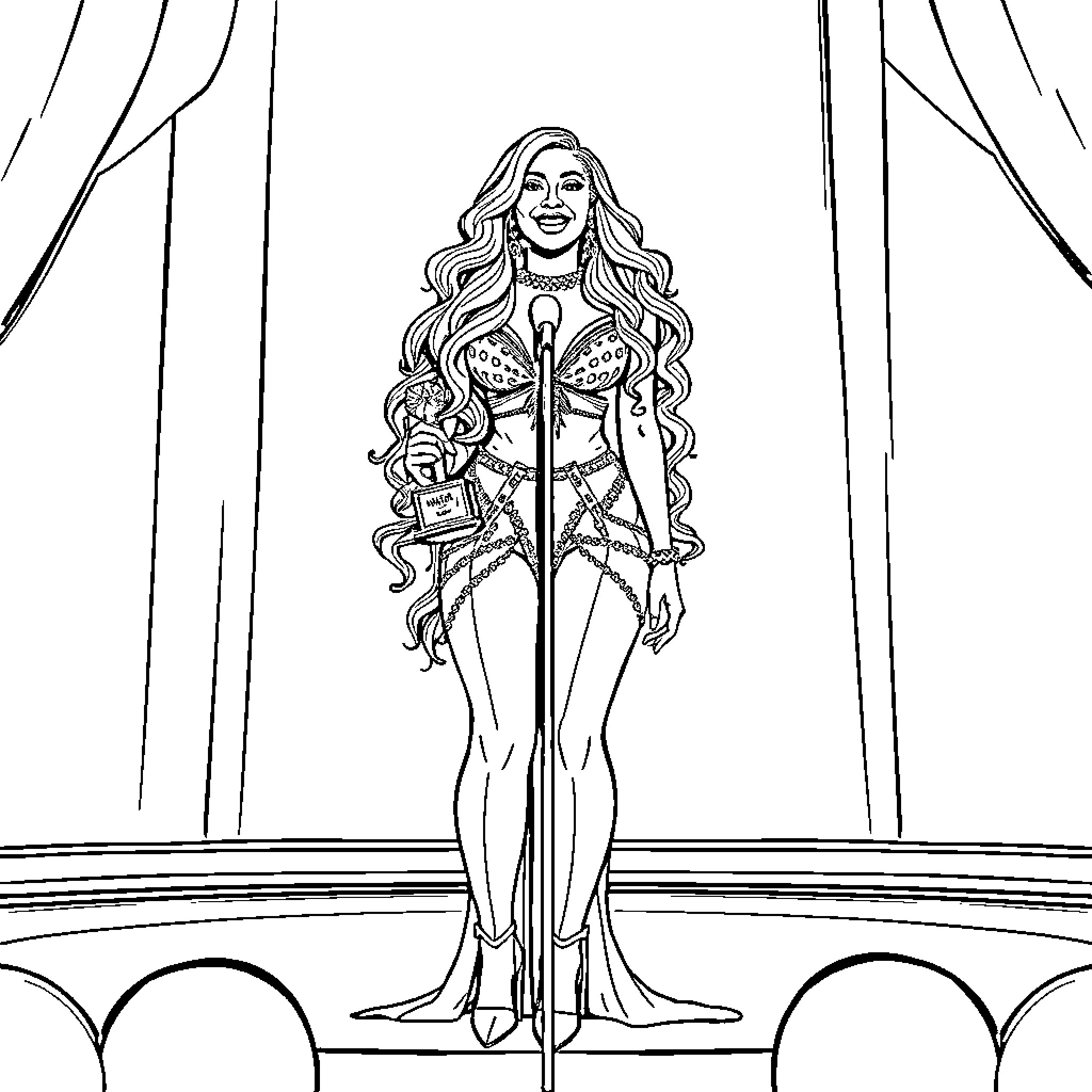 Nicki Minaj performing on stage in elaborate costume Coloring Page (free black-and-white line drawing printable PDF for all, from beginners to advanced learners, including children, teens, adults, and seniors)