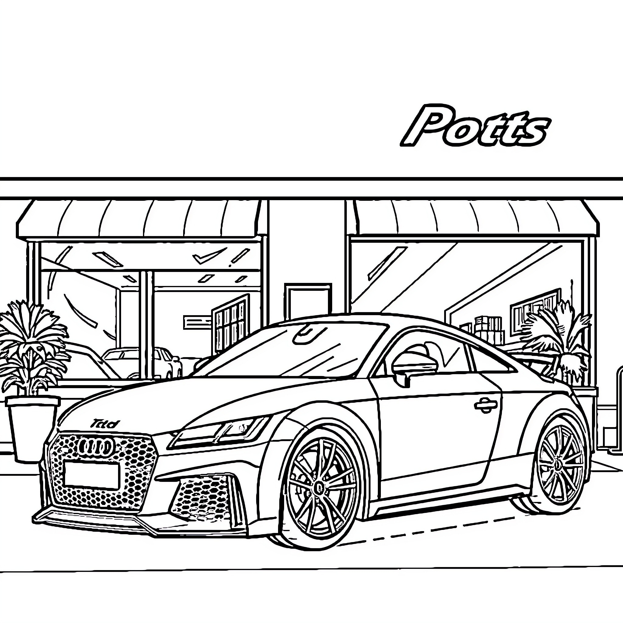 Audi sports car at auto parts store Coloring Page (free black-and-white line drawing printable PDF for all, from beginners to advanced learners, including children, teens, adults, and seniors)