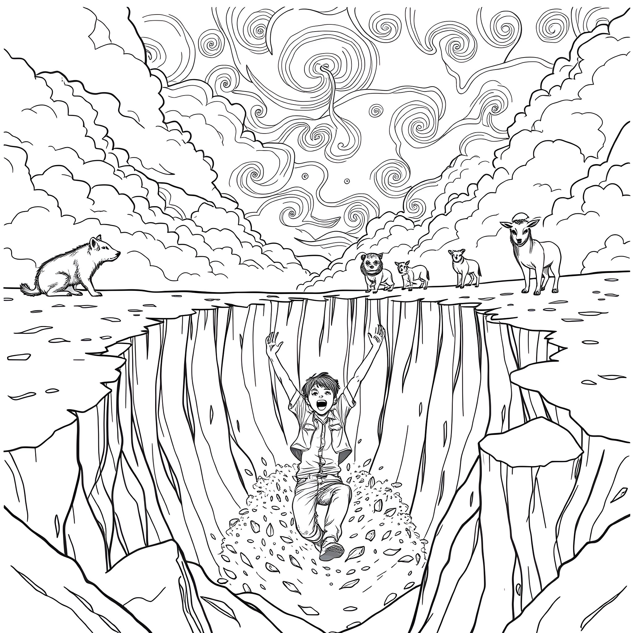 Sinkhole Swallows Adventurer in Surreal Landscape Coloring Page (free black-and-white line drawing printable PDF for all, from beginners to advanced learners, including children, teens, adults, and seniors)
