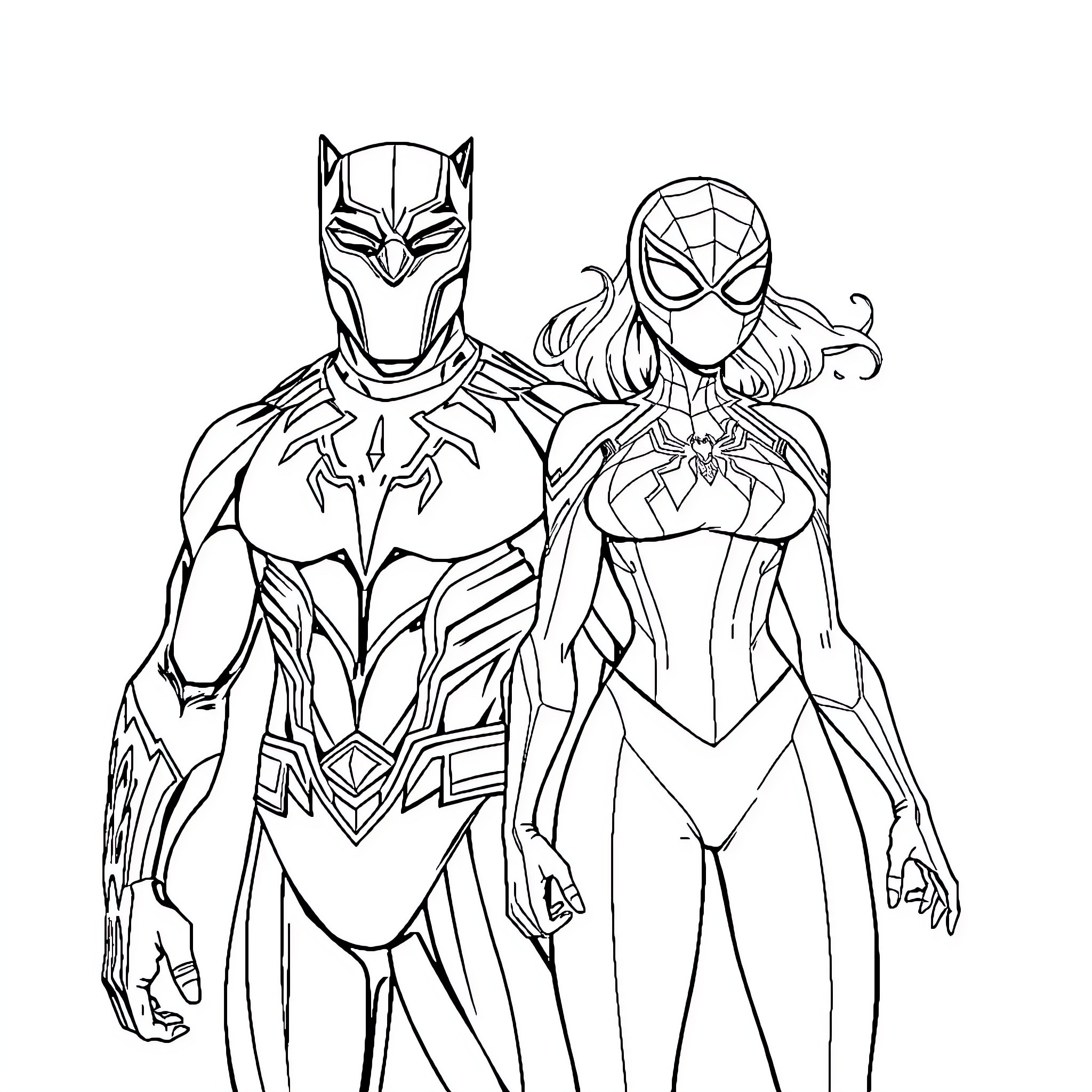 Panther and Spider heroes in action poses Coloring Page (free black-and-white line drawing printable PDF for all, from beginners to advanced learners, including children, teens, adults, and seniors)