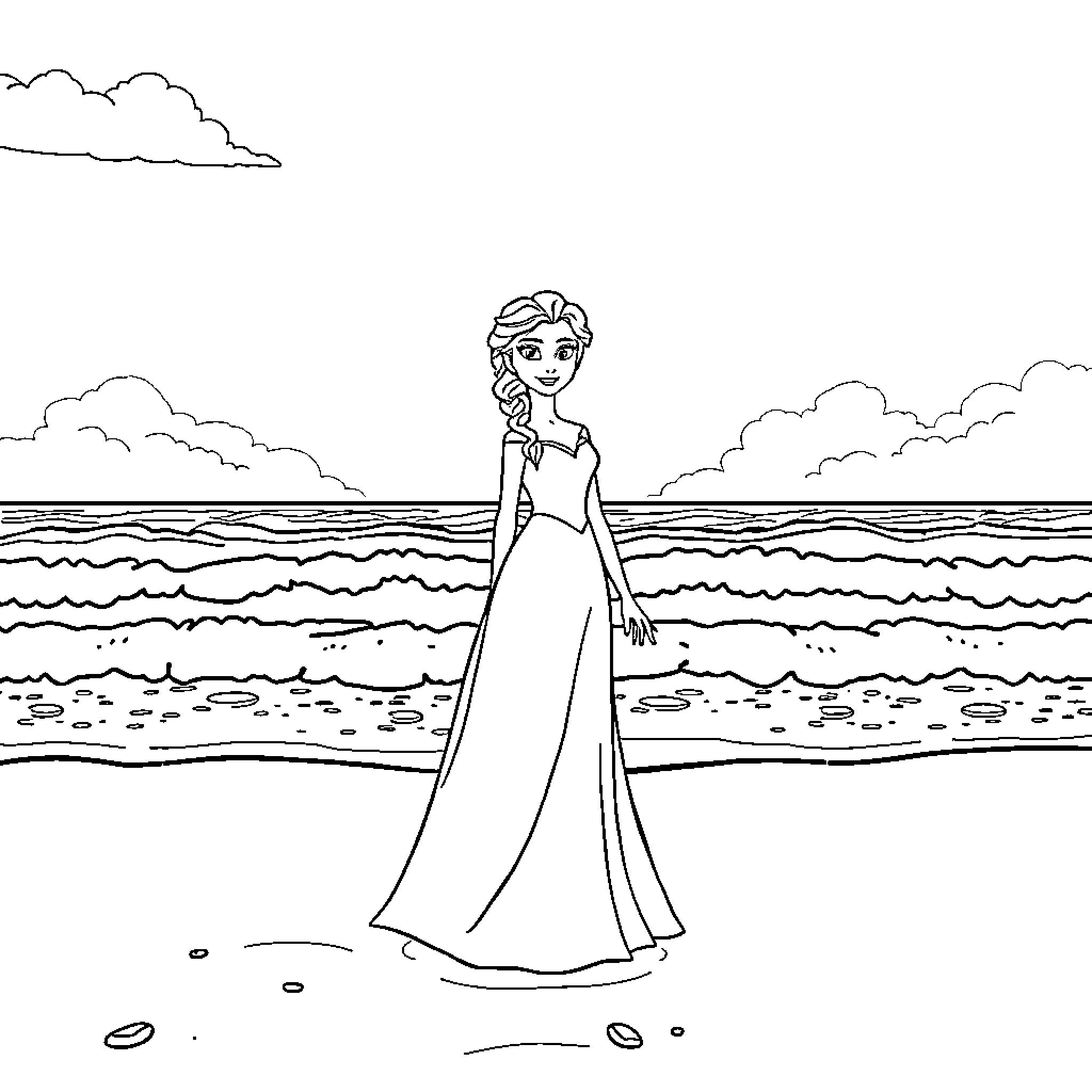 Elsa enjoys the scenic beach view Coloring Page (free black-and-white line drawing printable PDF for all, from beginners to advanced learners, including children, teens, adults, and seniors)