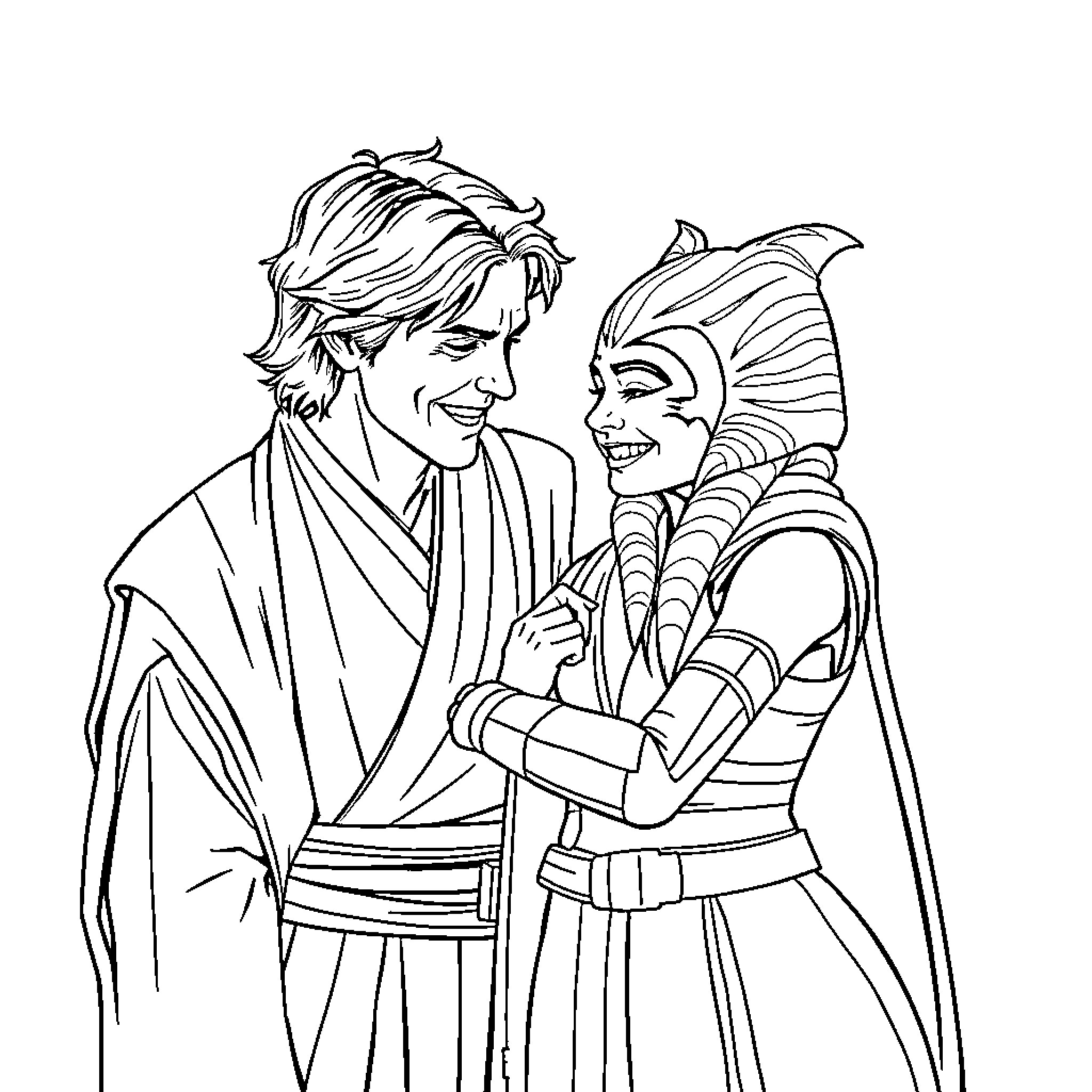 Anakin and Ahsoka share a heartfelt moment Coloring Page (free black-and-white line drawing printable PDF for all, from beginners to advanced learners, including children, teens, adults, and seniors)
