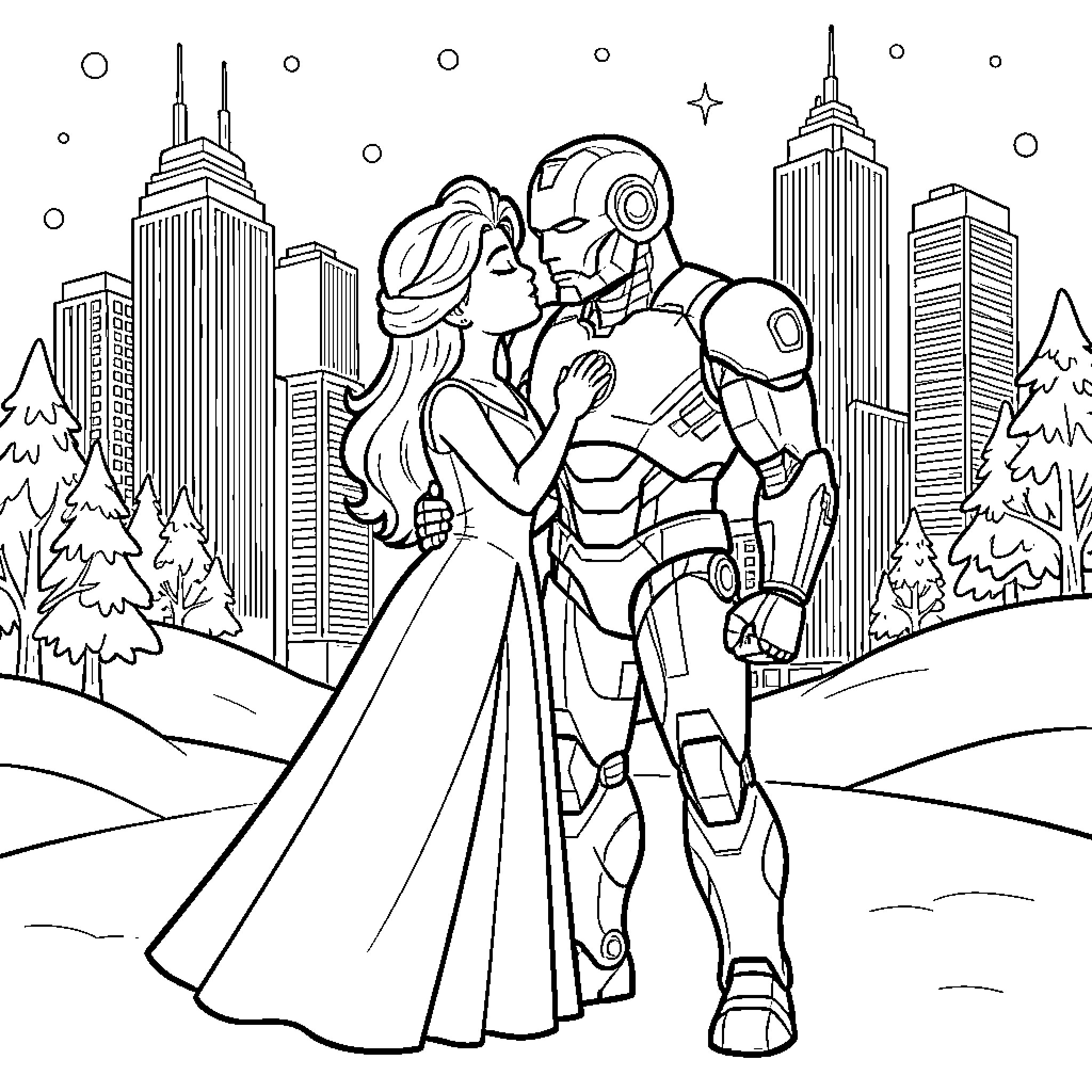 Elsa sharing a romantic moment with a superhero Coloring Page (free black-and-white line drawing printable PDF for all, from beginners to advanced learners, including children, teens, adults, and seniors)