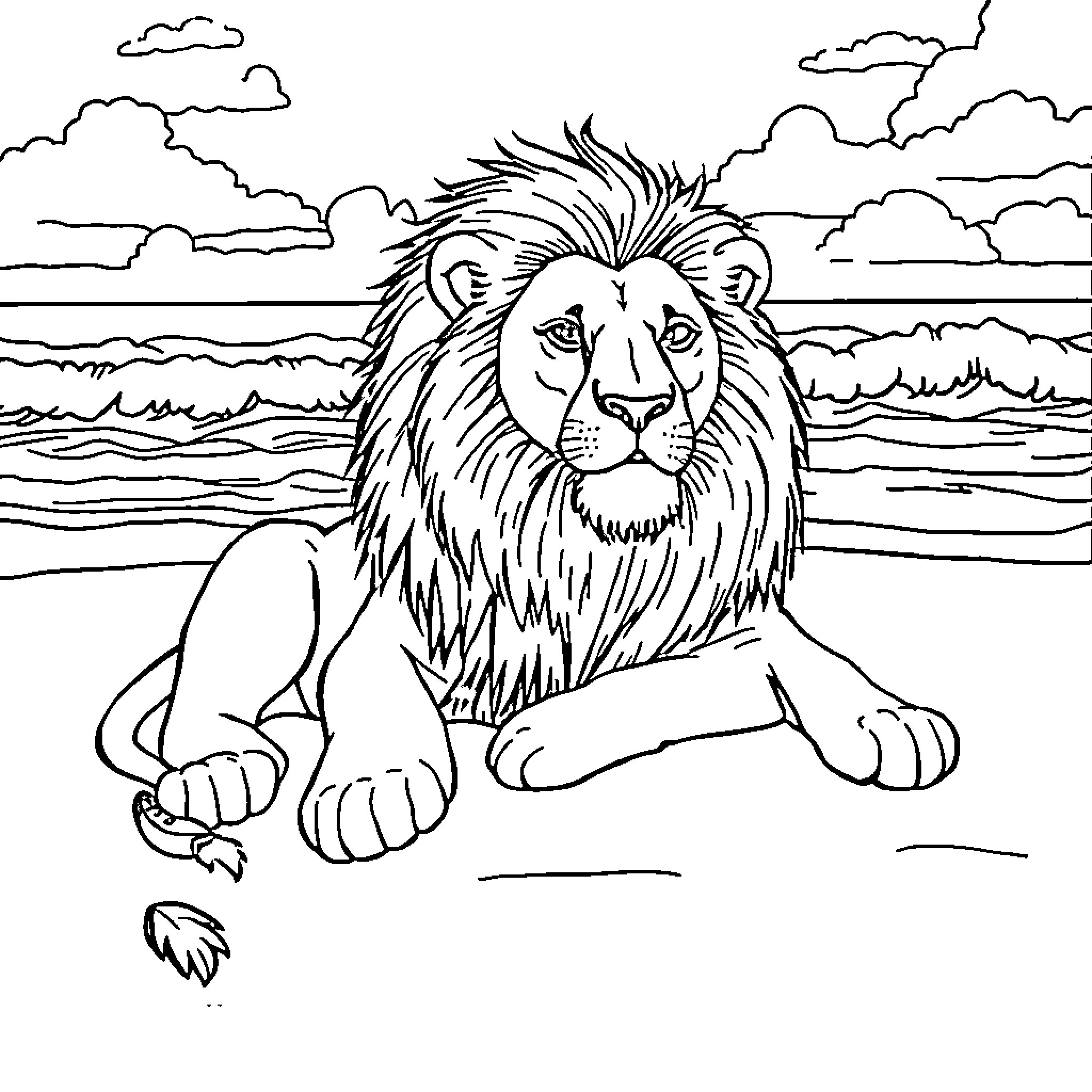 Lion resting on the beach with clouds Coloring Page (free black-and-white line drawing printable PDF for all, from beginners to advanced learners, including children, teens, adults, and seniors)