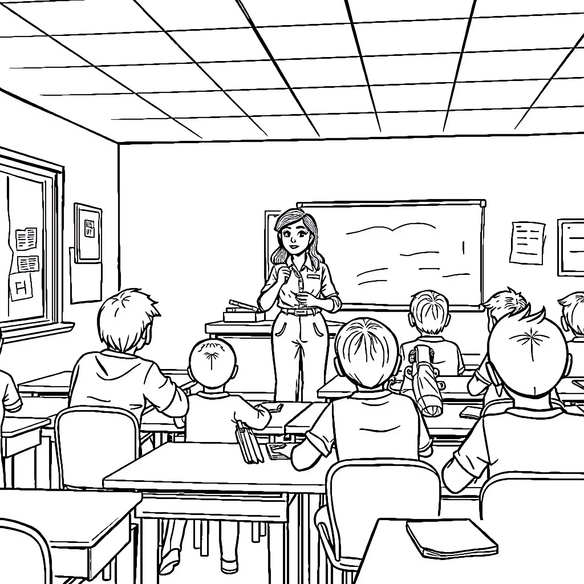 Teacher instructing students in classroom Coloring Page (free black-and-white line drawing printable PDF for all, from beginners to advanced learners, including children, teens, adults, and seniors)