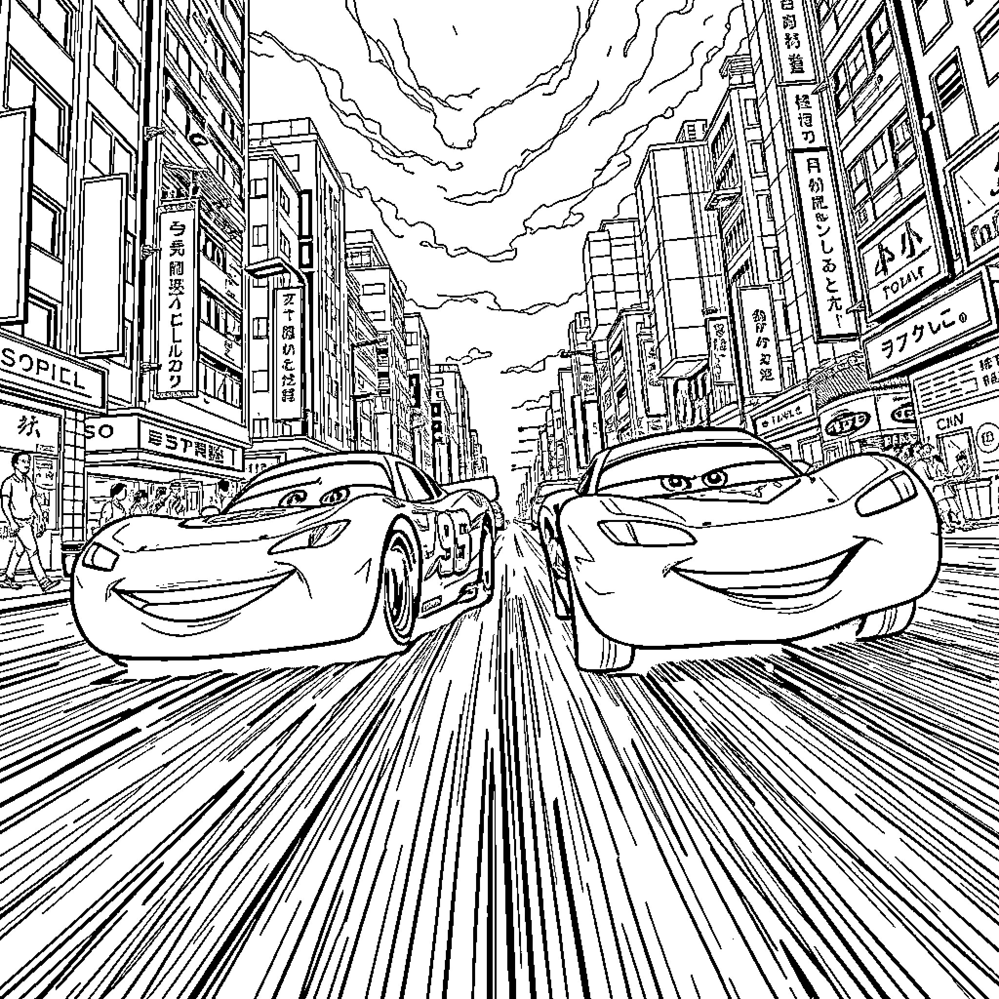 Shu Todoroki's Thrilling Automotive Adventure in the City Coloring Page (free black-and-white line drawing printable PDF for all, from beginners to advanced learners, including children, teens, adults, and seniors)