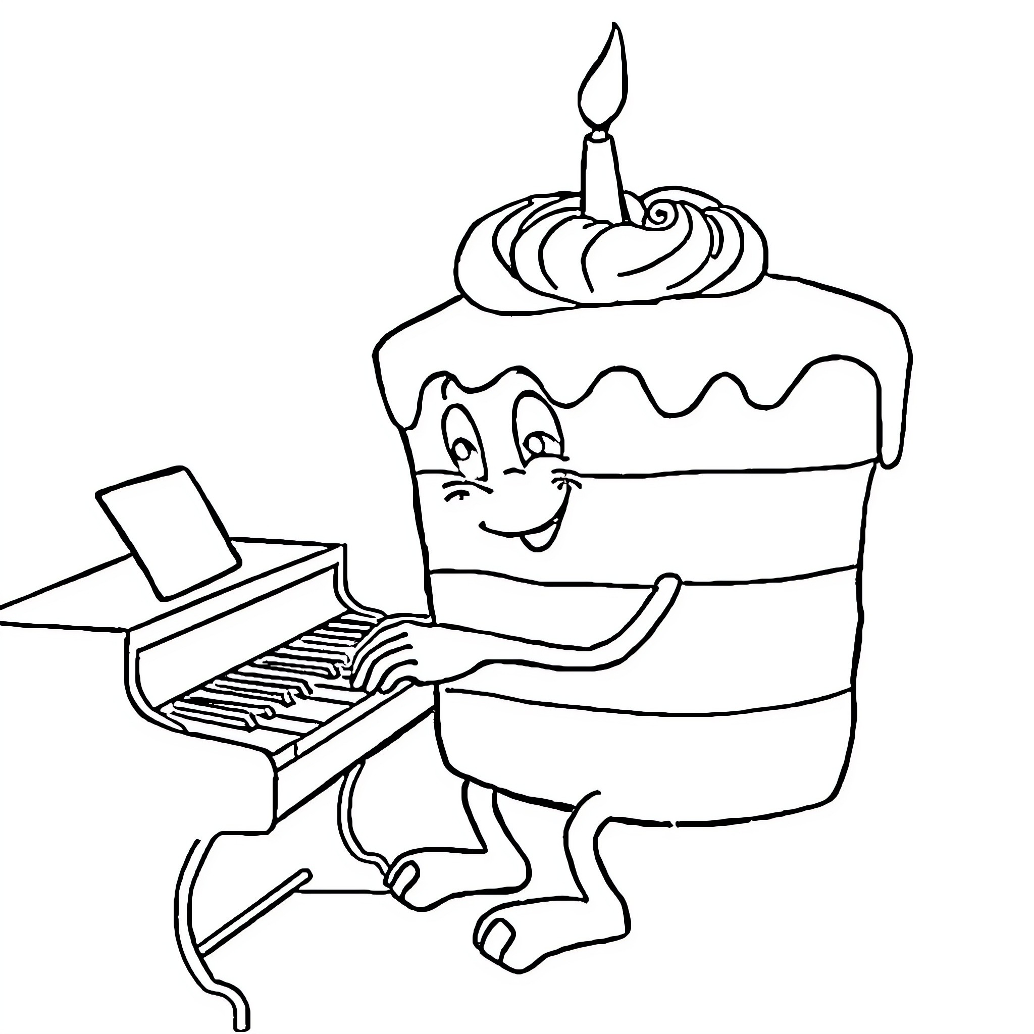 Gâteau playing a piano with a candle Coloring Page (free black-and-white line drawing printable PDF for all, from beginners to advanced learners, including children, teens, adults, and seniors)