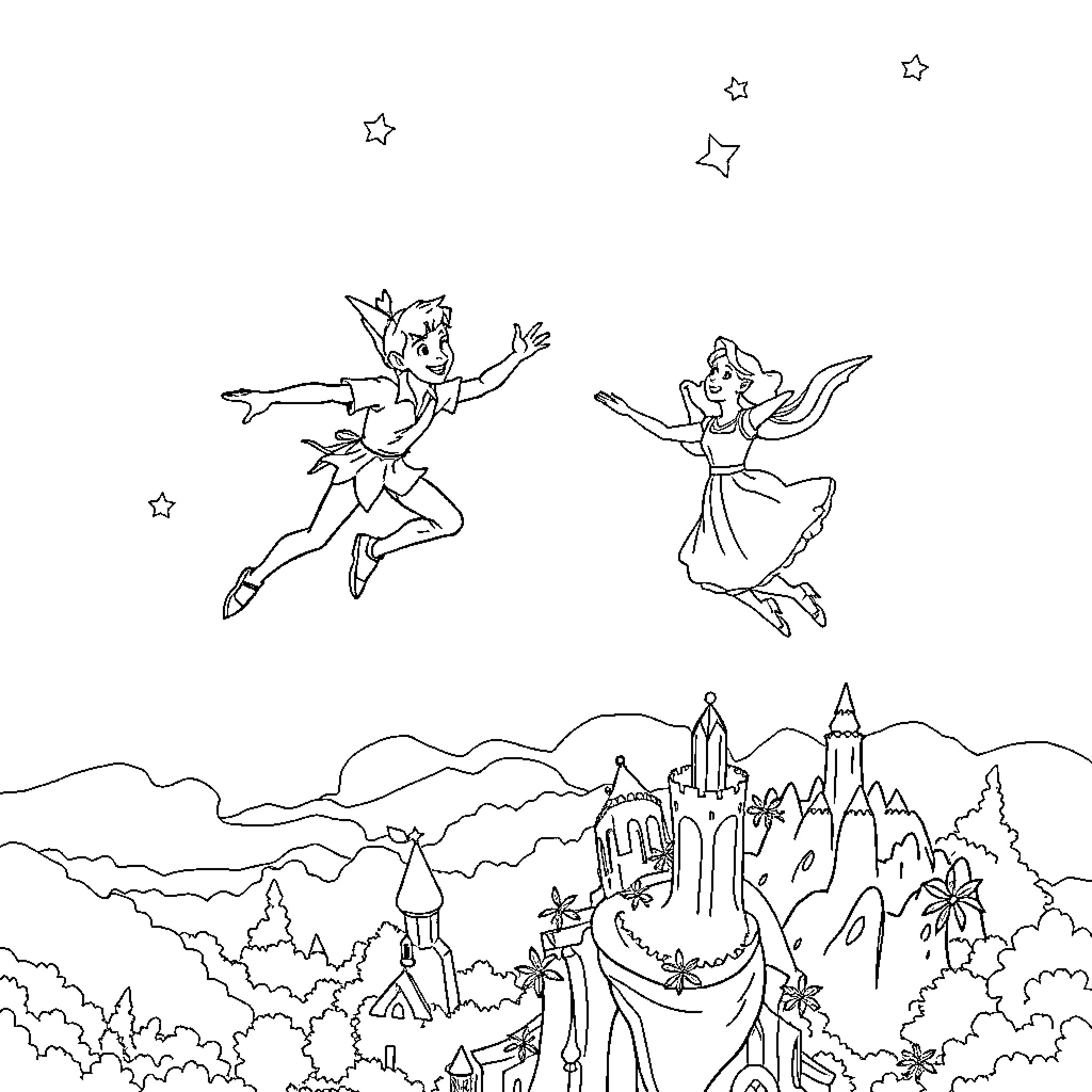 Peter Pan and Wendy flying over Neverland castle Coloring Page (free black-and-white line drawing printable PDF for all, from beginners to advanced learners, including children, teens, adults, and seniors)