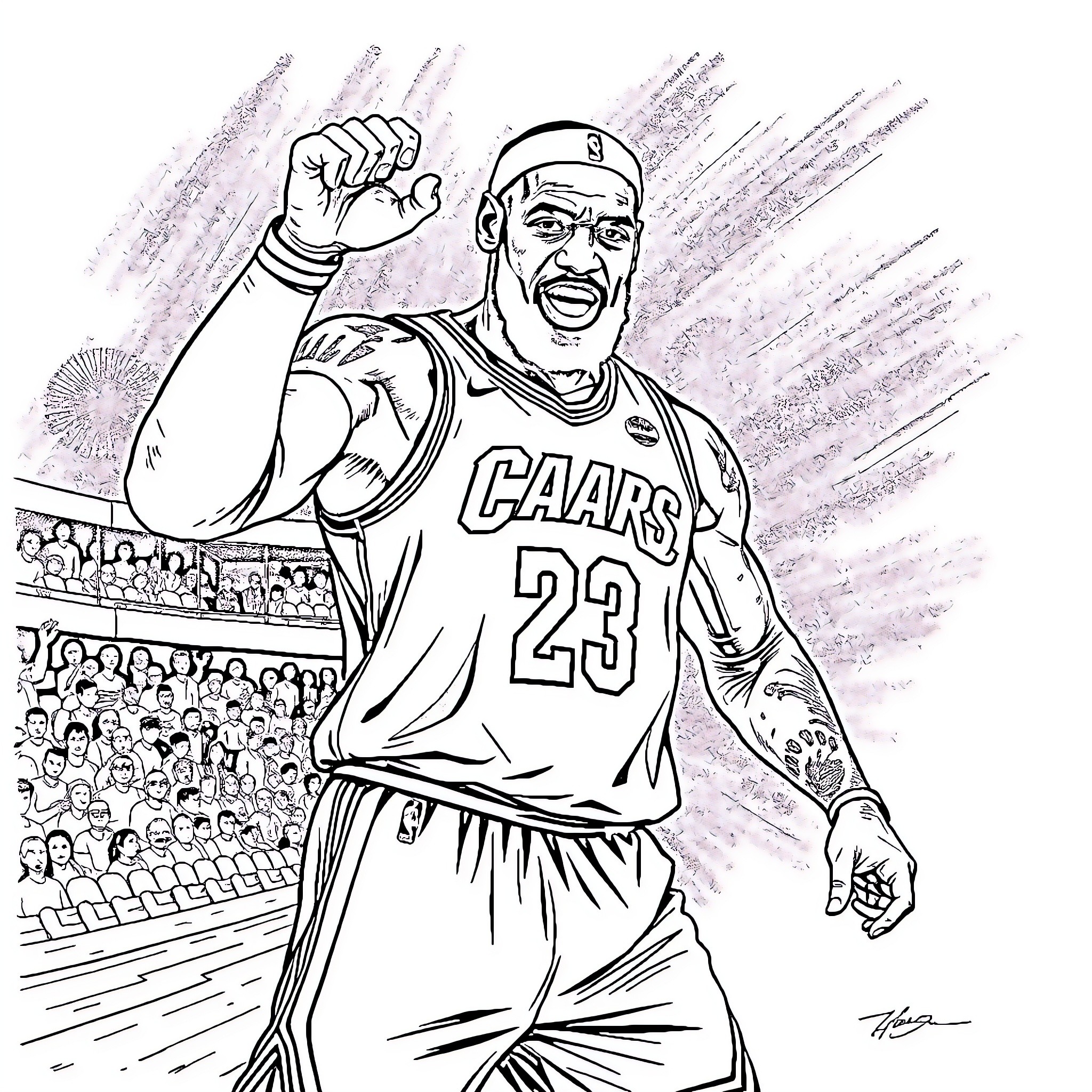 LeBron James Celebrating Basketball Victory Coloring Page (free black-and-white line drawing printable PDF for all, from beginners to advanced learners, including children, teens, adults, and seniors)