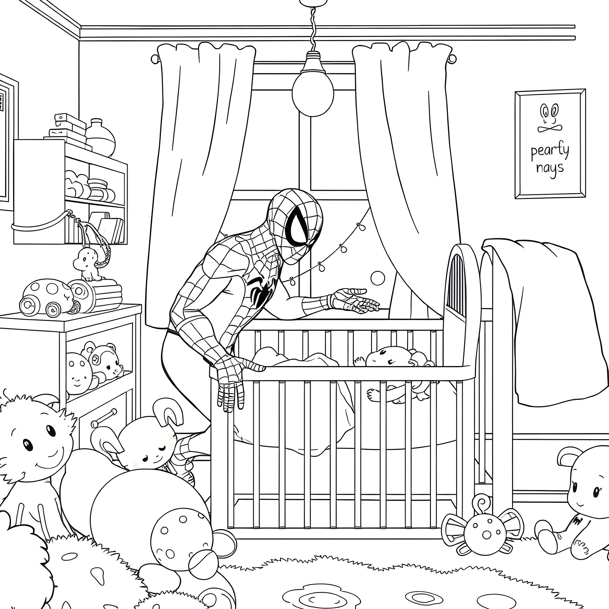 Spiderman patrolling a cozy nursery with toys Coloring Page (free black-and-white line drawing printable PDF for all, from beginners to advanced learners, including children, teens, adults, and seniors)