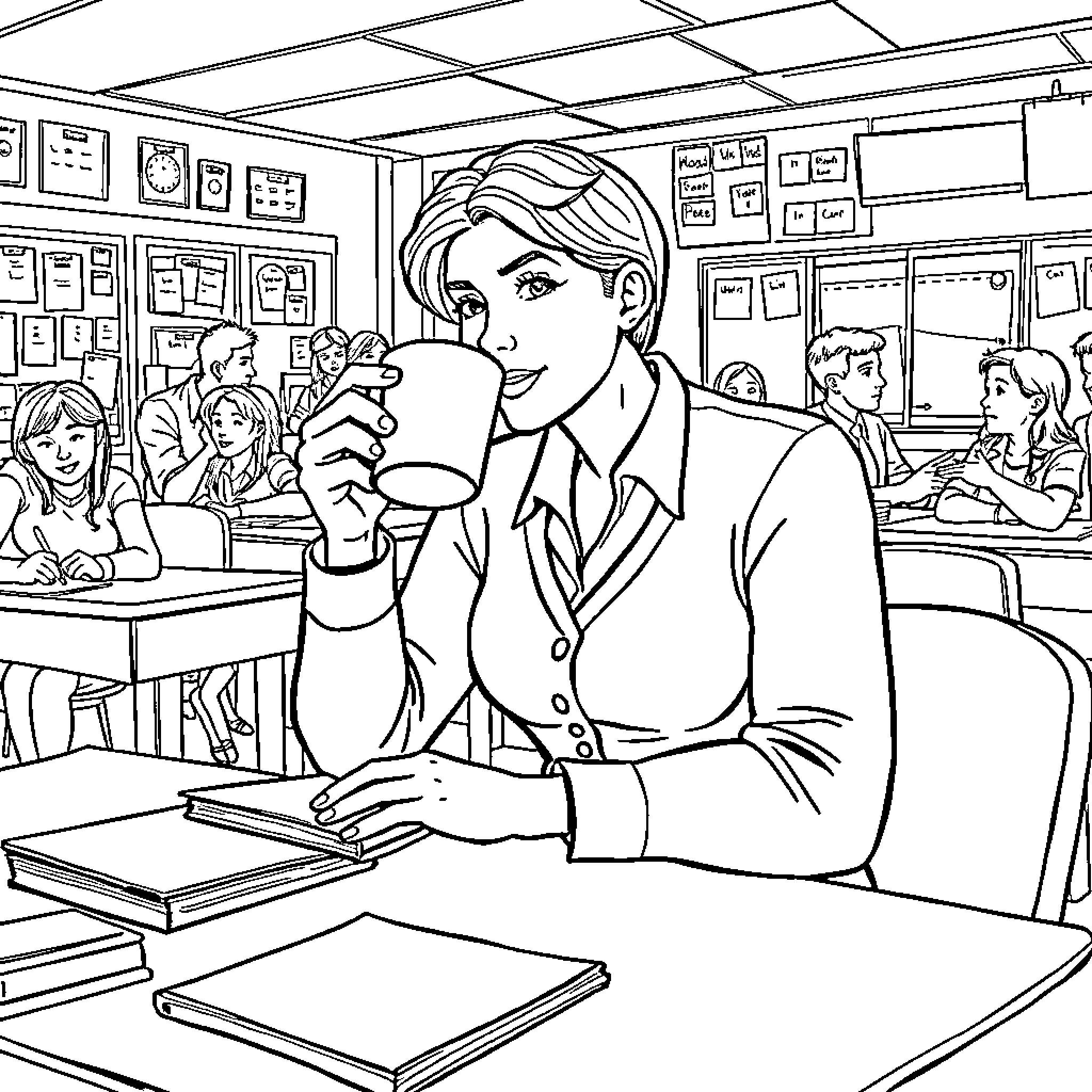 Teacher Engaging with Students in Classroom Coloring Page (free black-and-white line drawing printable PDF for all, from beginners to advanced learners, including children, teens, adults, and seniors)