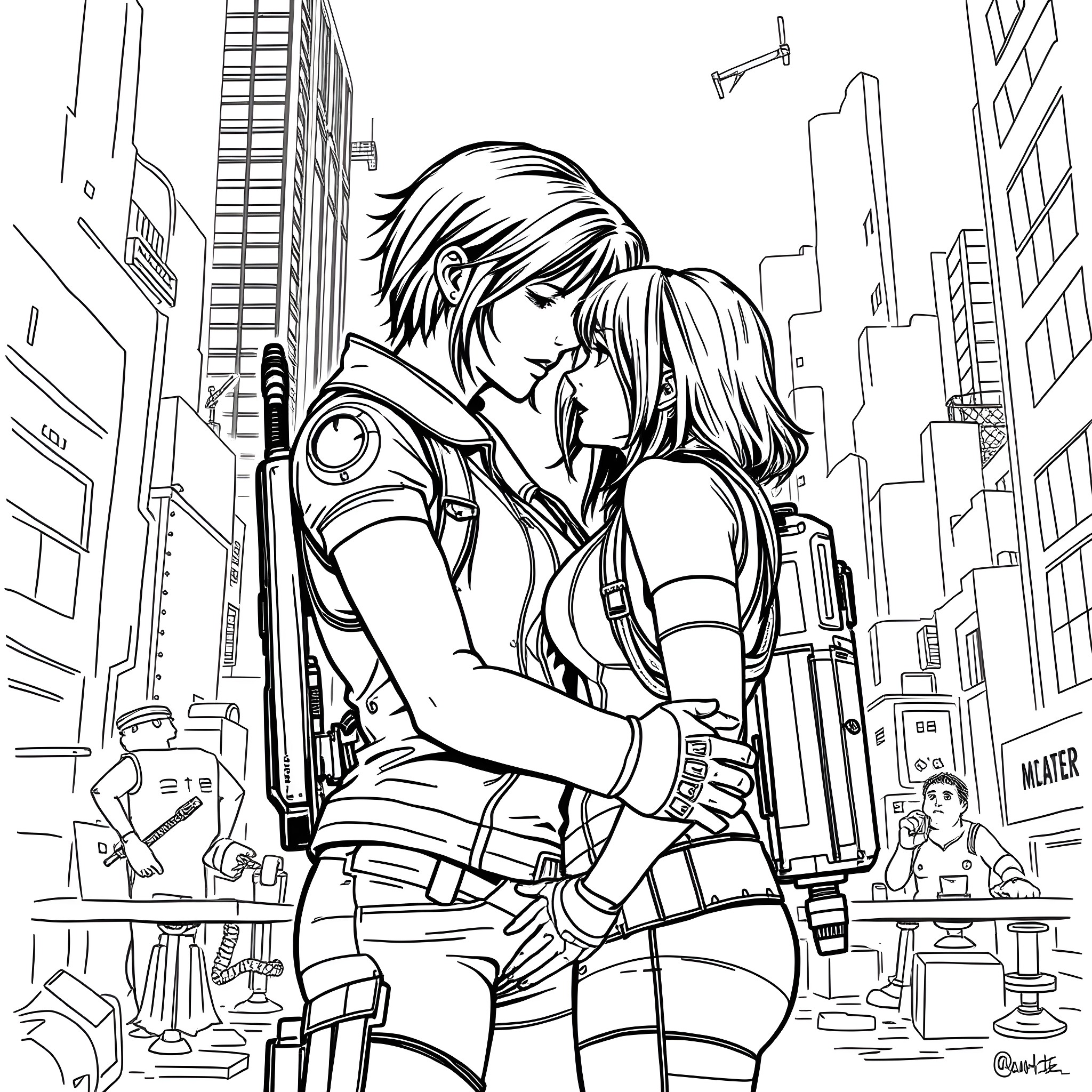 Clair Redfield's Intimate Moment in the City Coloring Page (free black-and-white line drawing printable PDF for all, from beginners to advanced learners, including children, teens, adults, and seniors)