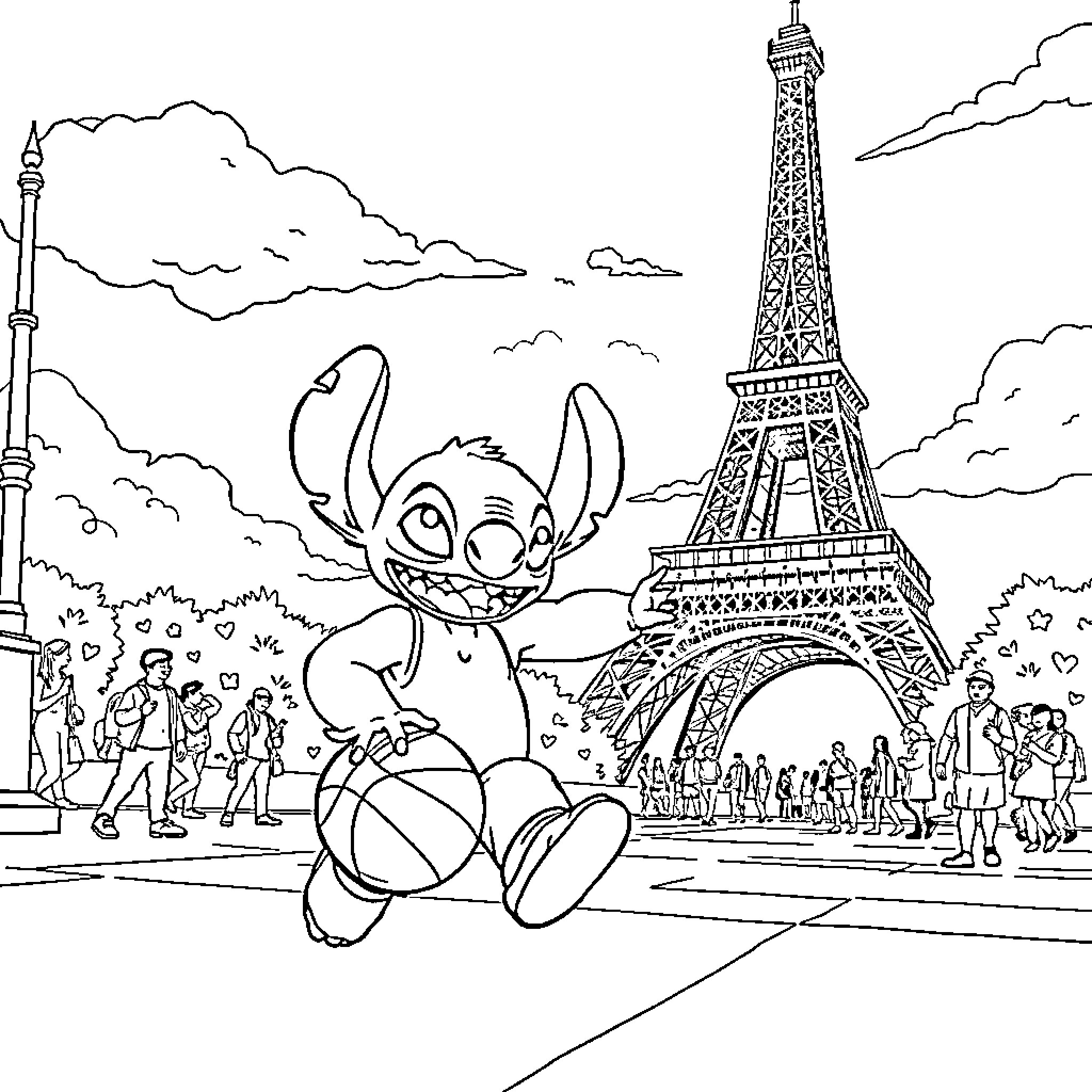 Stitch explores the Eiffel Tower and the bustling Parisian streets Coloring Page (free black-and-white line drawing printable PDF for all, from beginners to advanced learners, including children, teens, adults, and seniors)